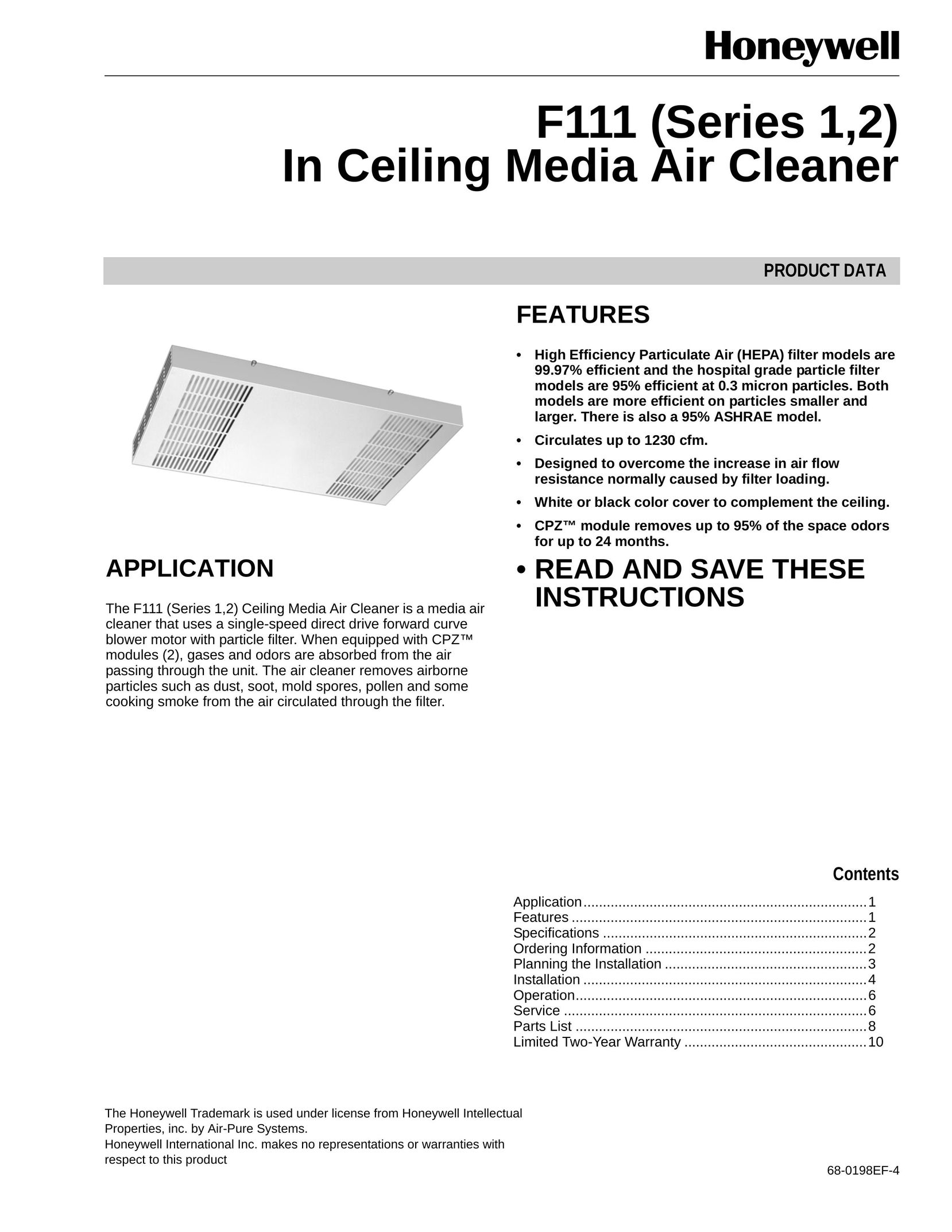 Honeywell F111 Series 1 Air Cleaner User Manual