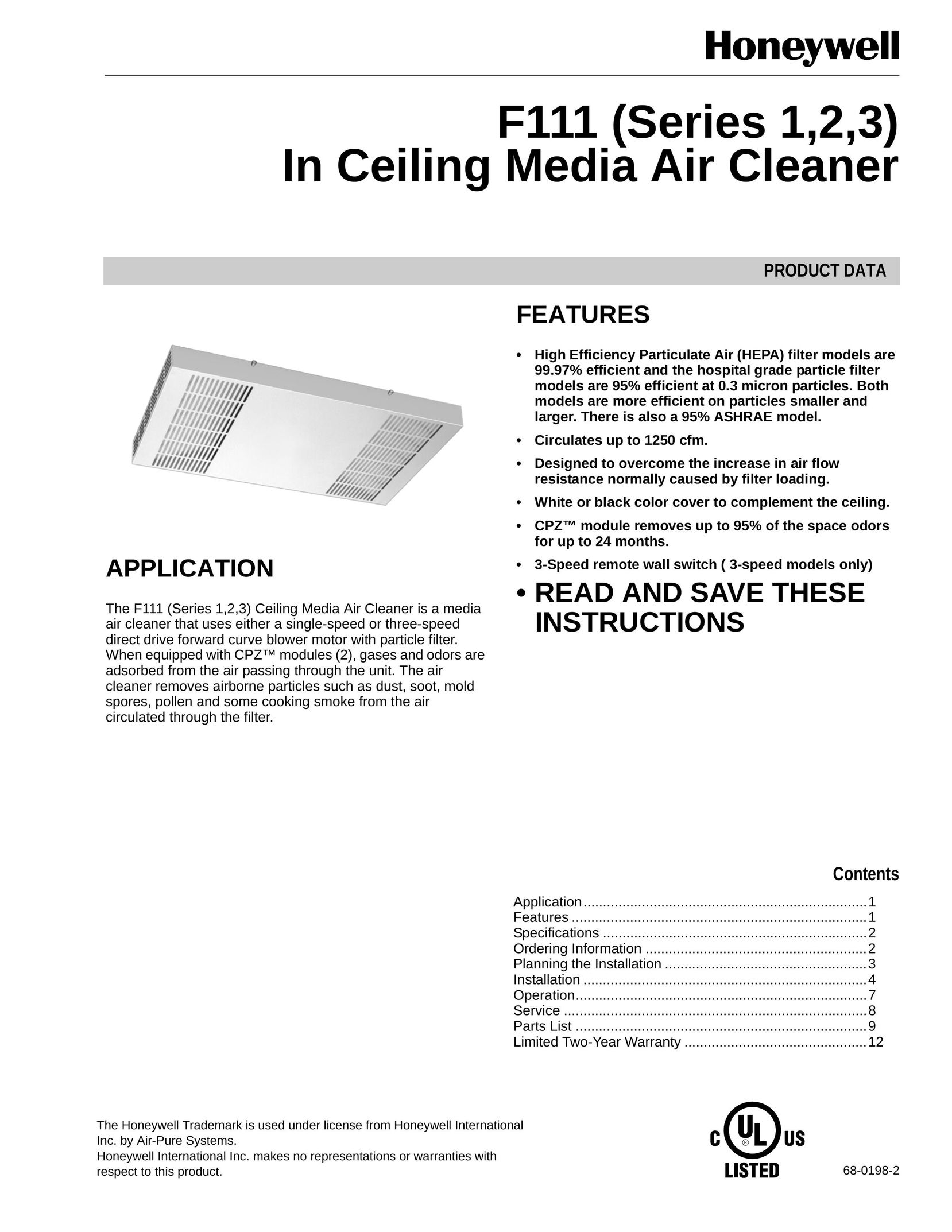 Honeywell F111 Series 3 Air Cleaner User Manual