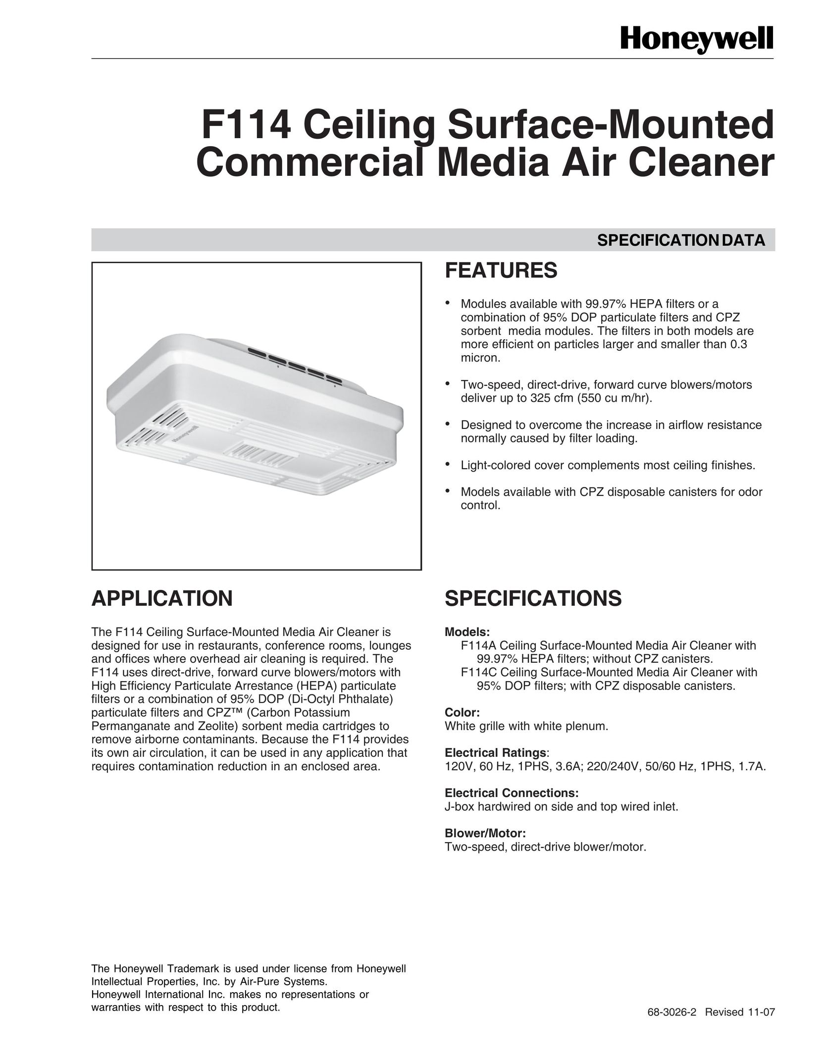 Honeywell F114C Air Cleaner User Manual