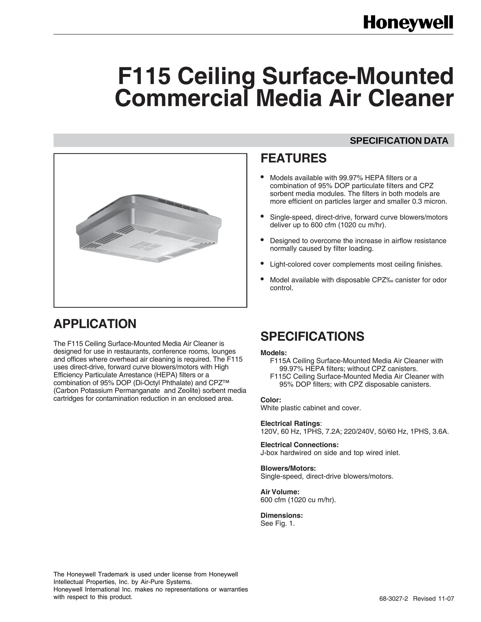 Honeywell F115 Air Cleaner User Manual