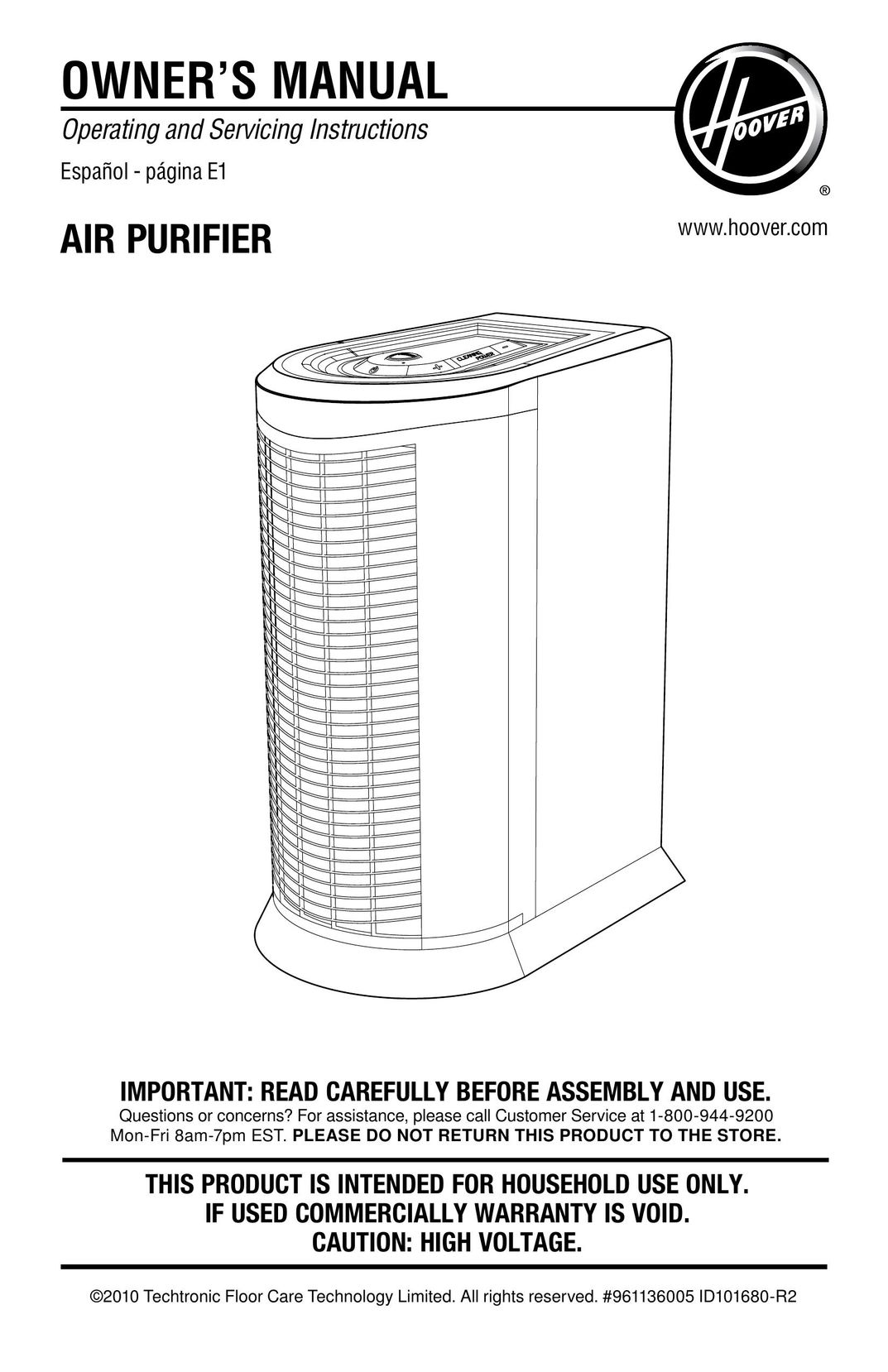 Hoover WH10100 Air Cleaner User Manual
