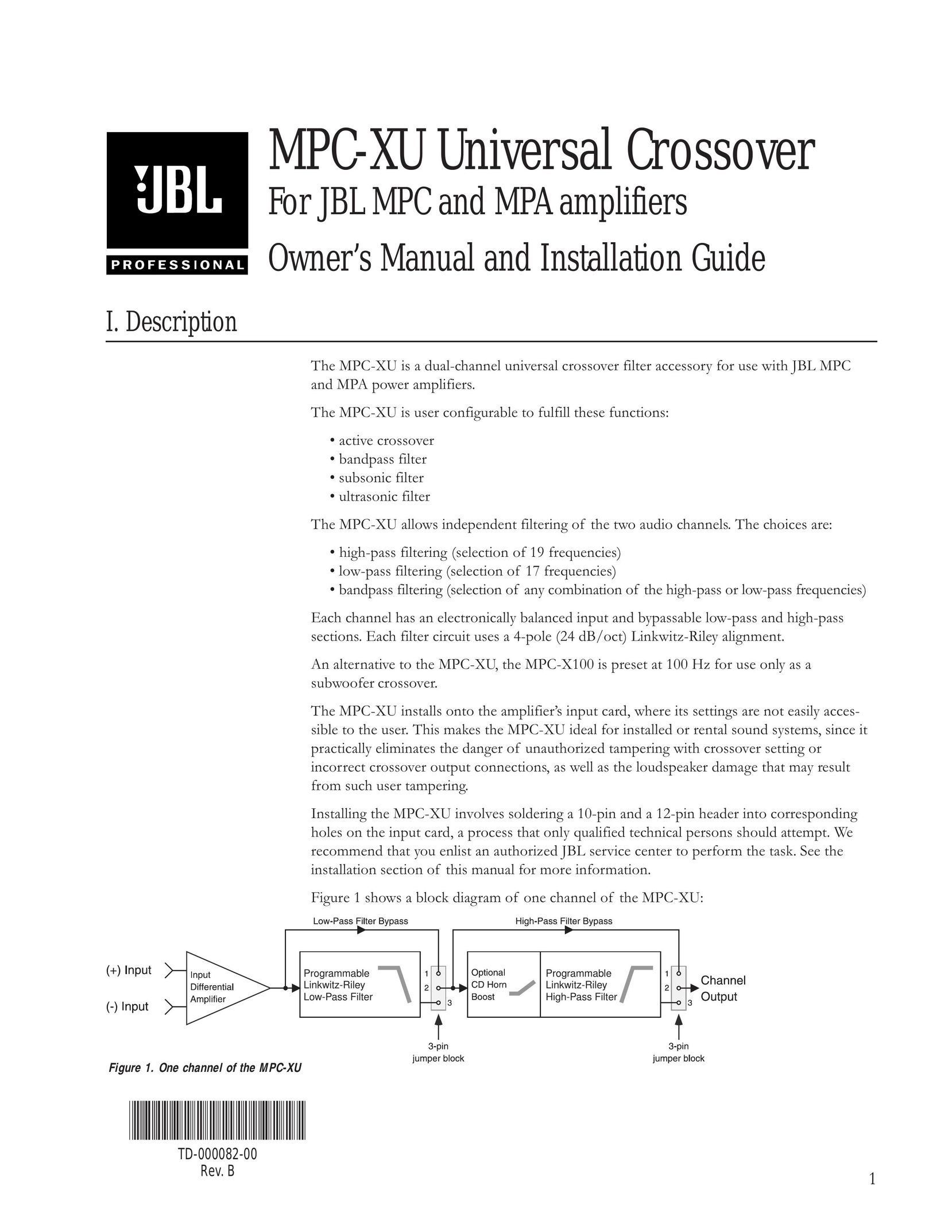 JBL Professional MPC-XU Air Cleaner User Manual