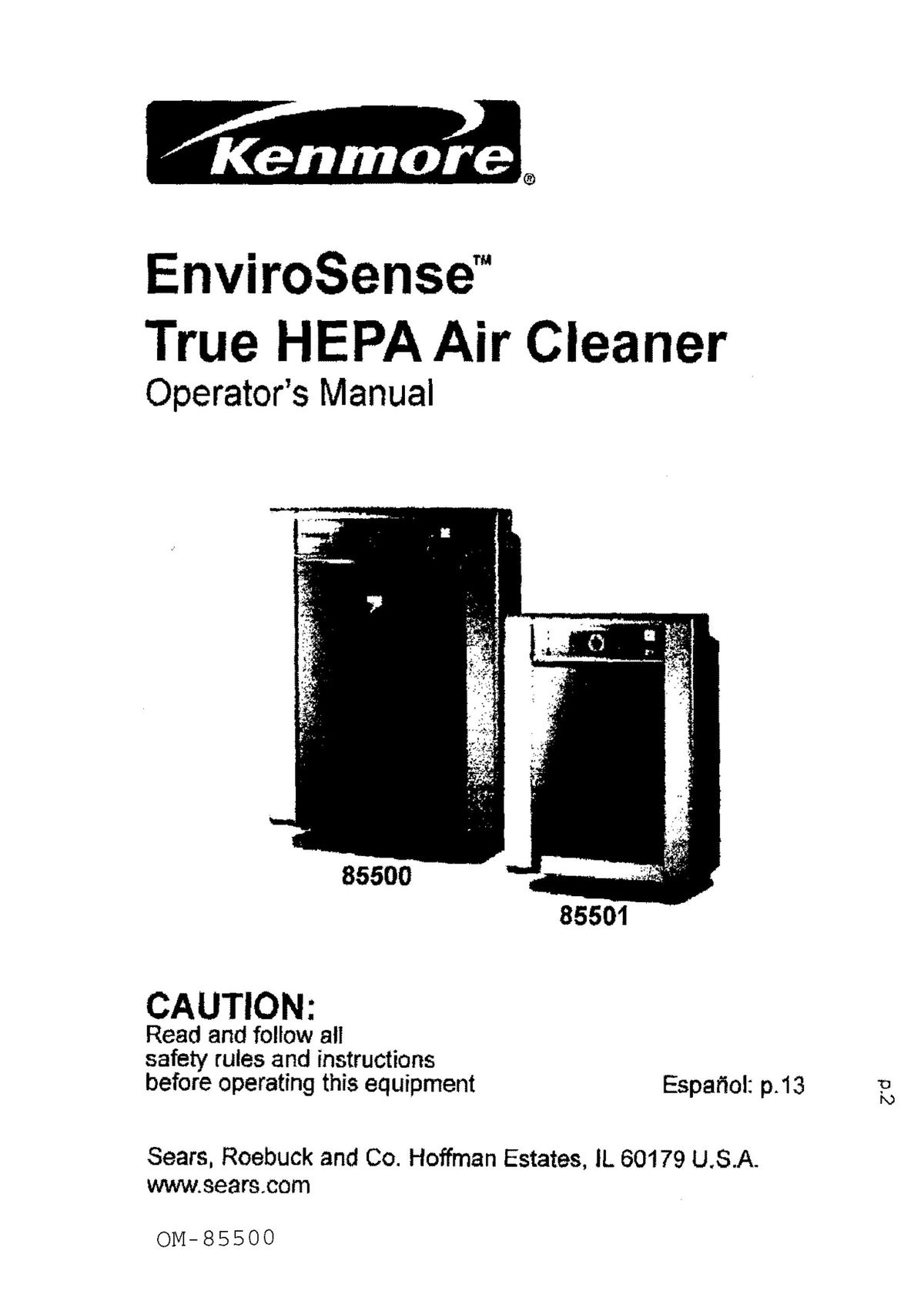 Kenmore 85500 Air Cleaner User Manual