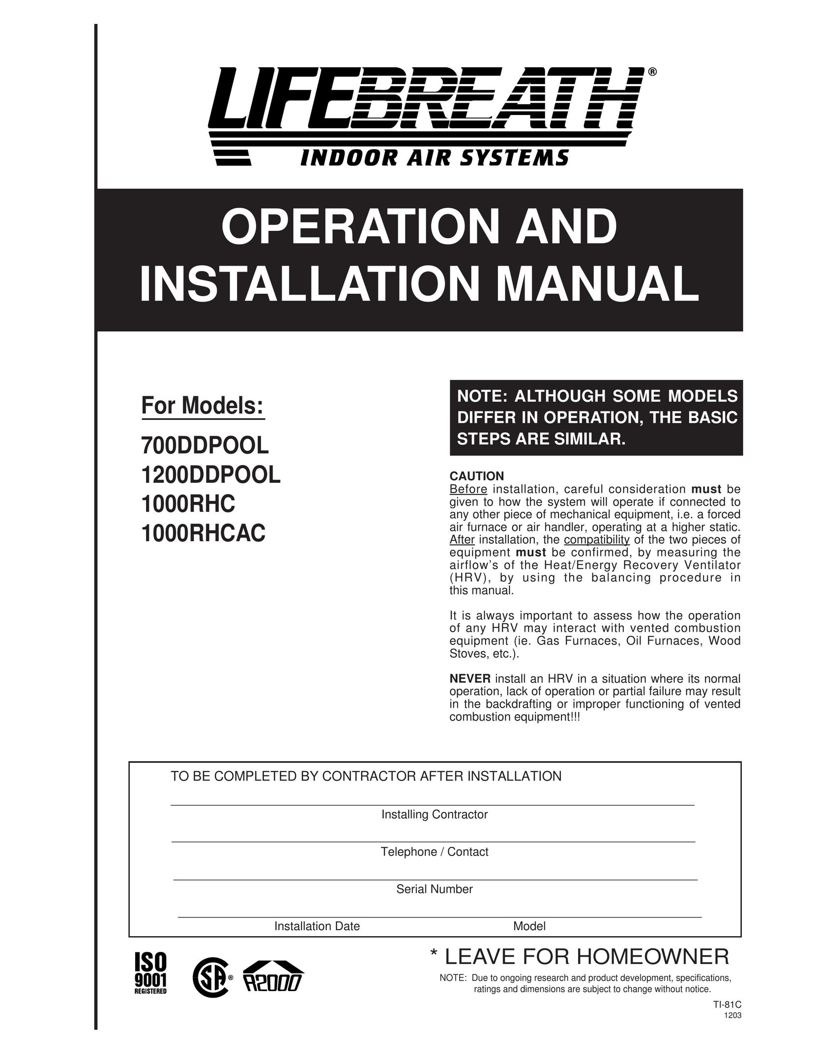 Lifebreath 1000RHC Air Cleaner User Manual