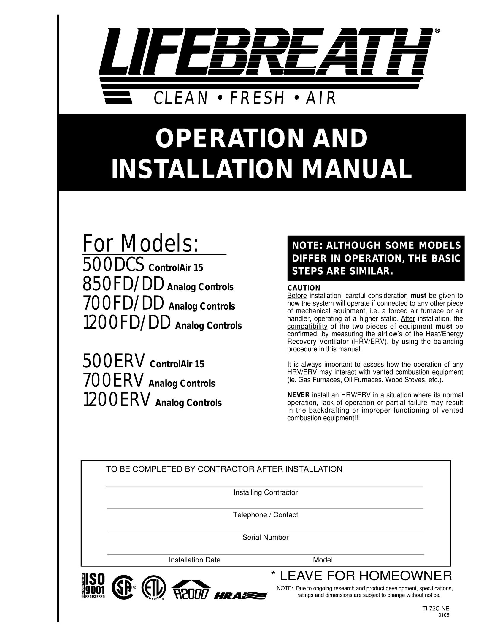 Lifebreath 1200FD/DD Air Cleaner User Manual