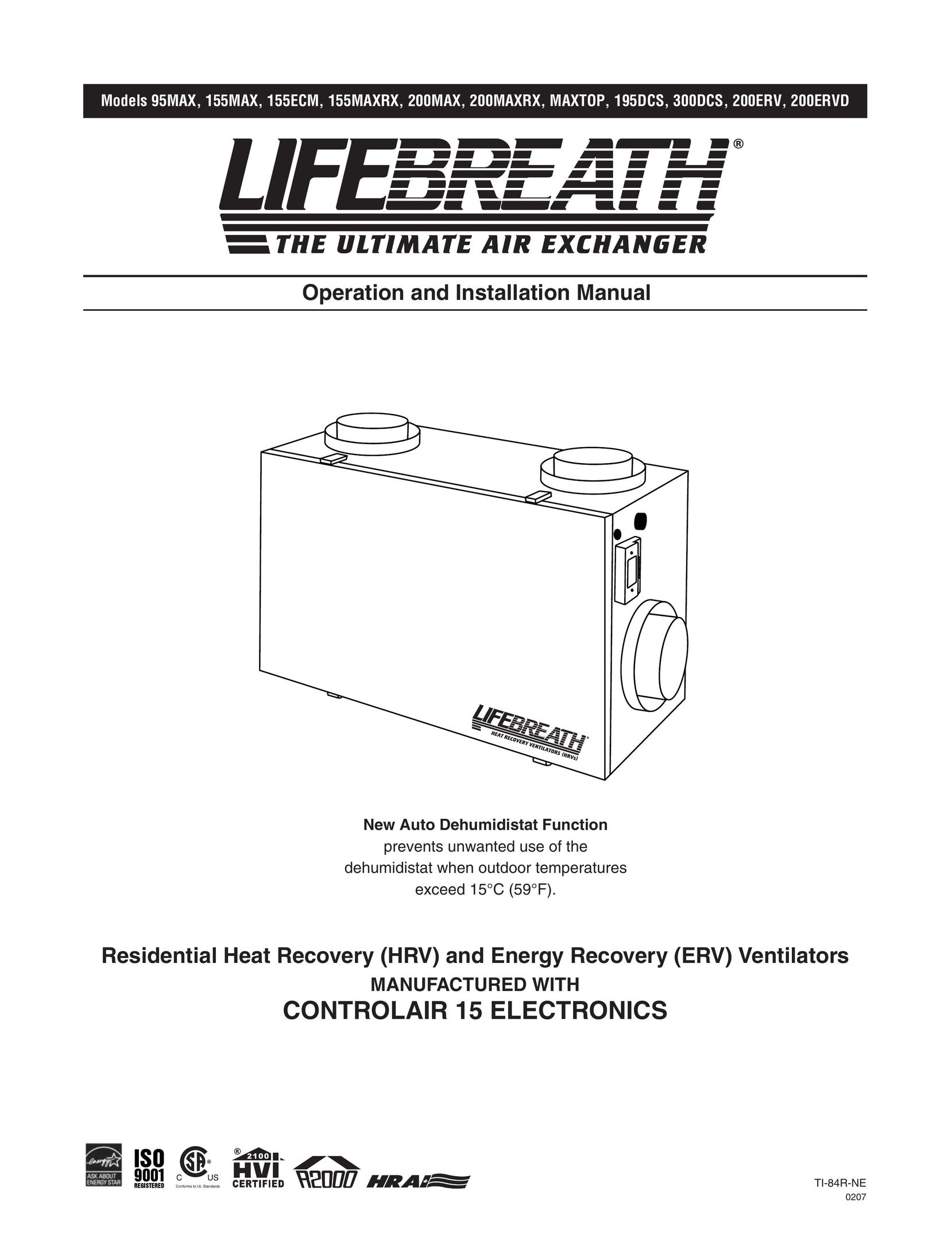 Lifebreath 155ECM Air Cleaner User Manual