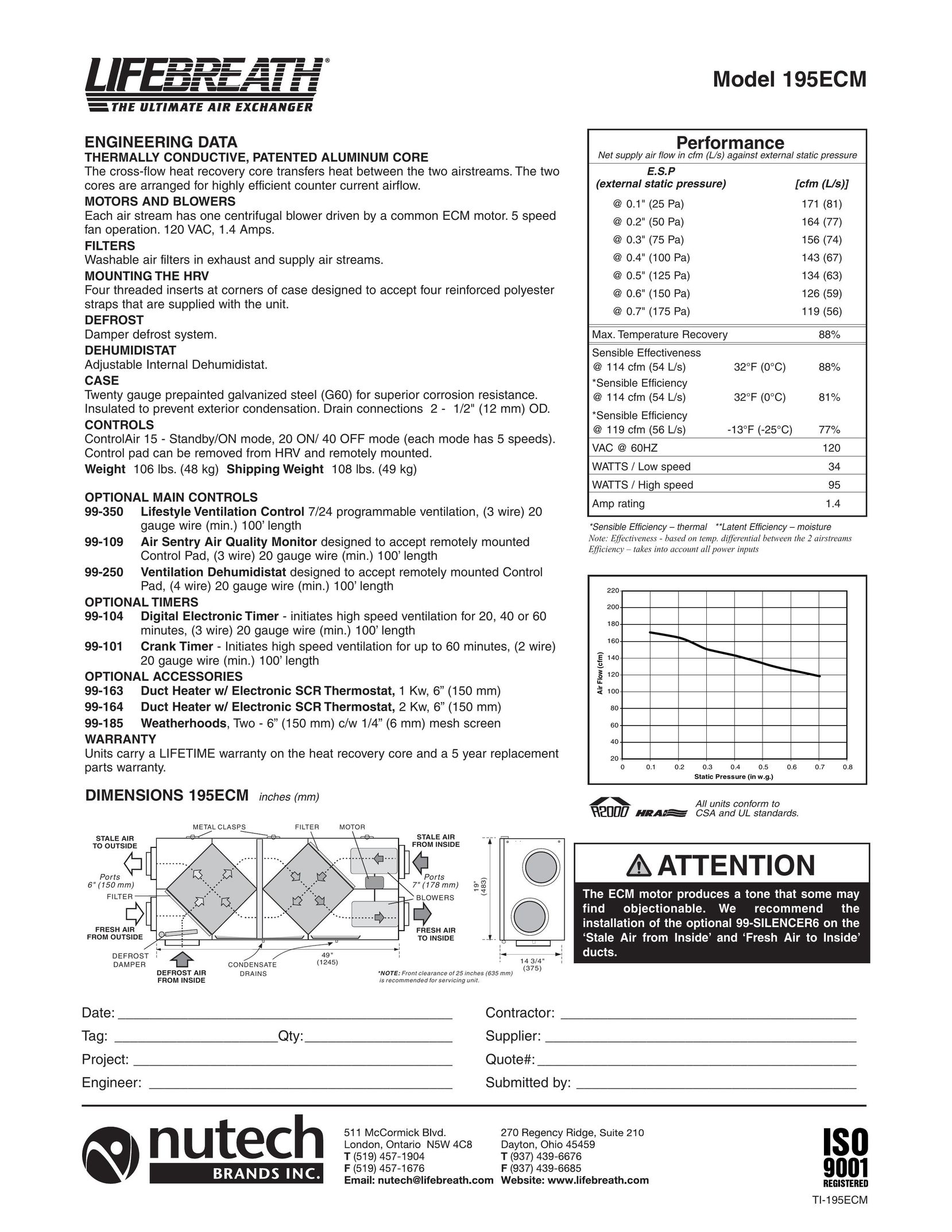 Lifebreath 195ECM Air Cleaner User Manual