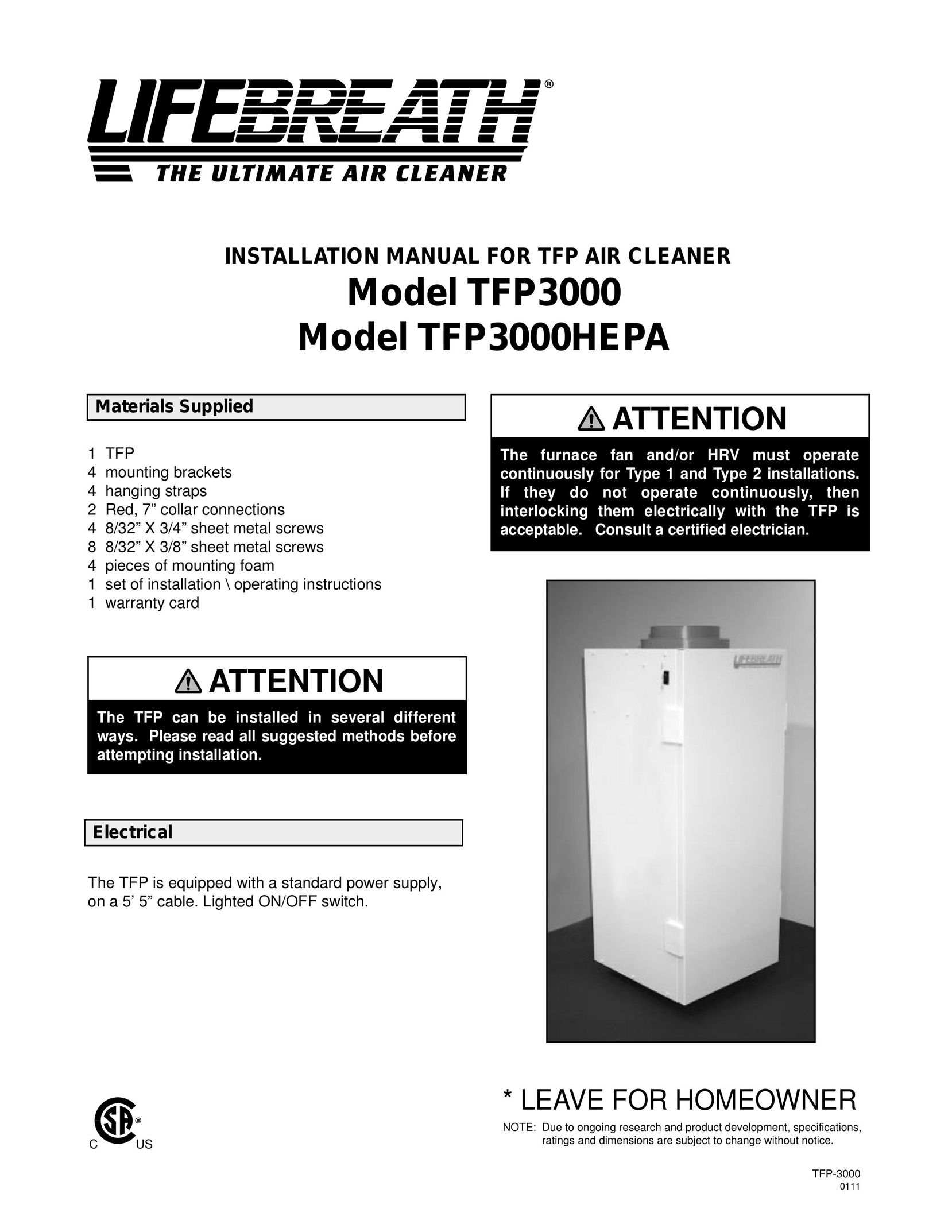 Lifebreath TFP3000HEPA Air Cleaner User Manual
