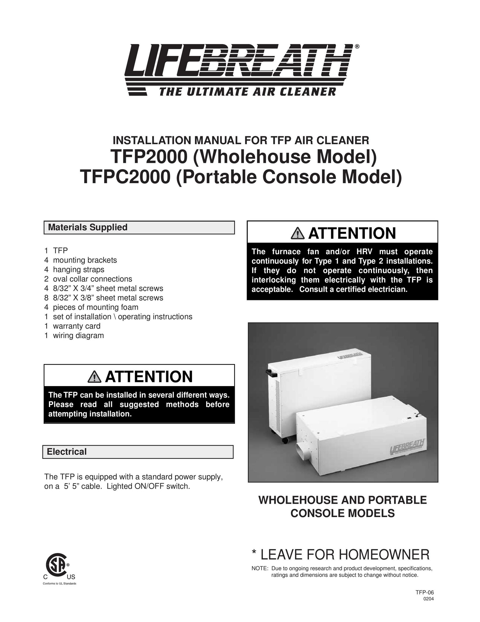 Lifebreath TFPC2000 Air Cleaner User Manual