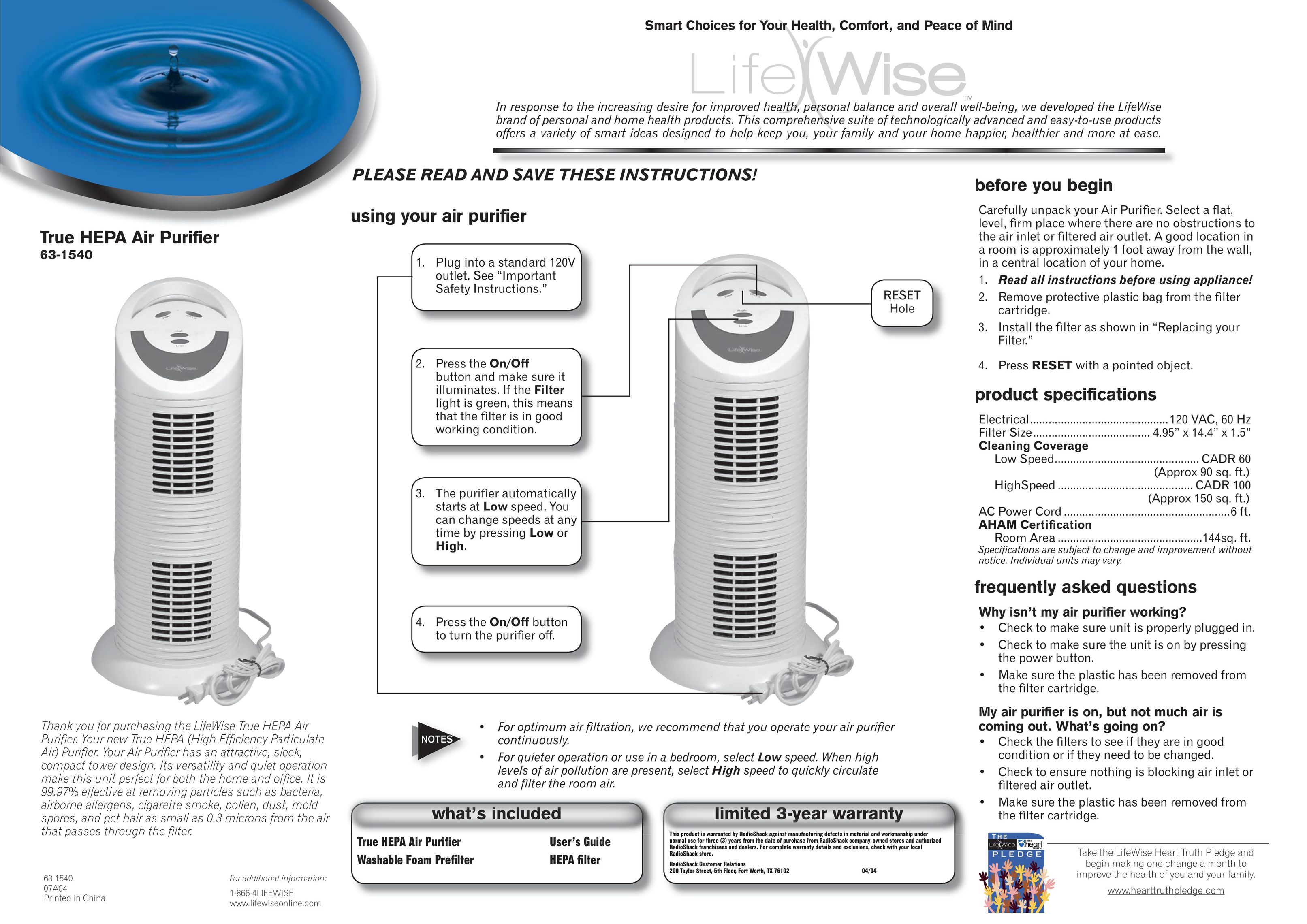 LifeWise 63-1540 Air Cleaner User Manual