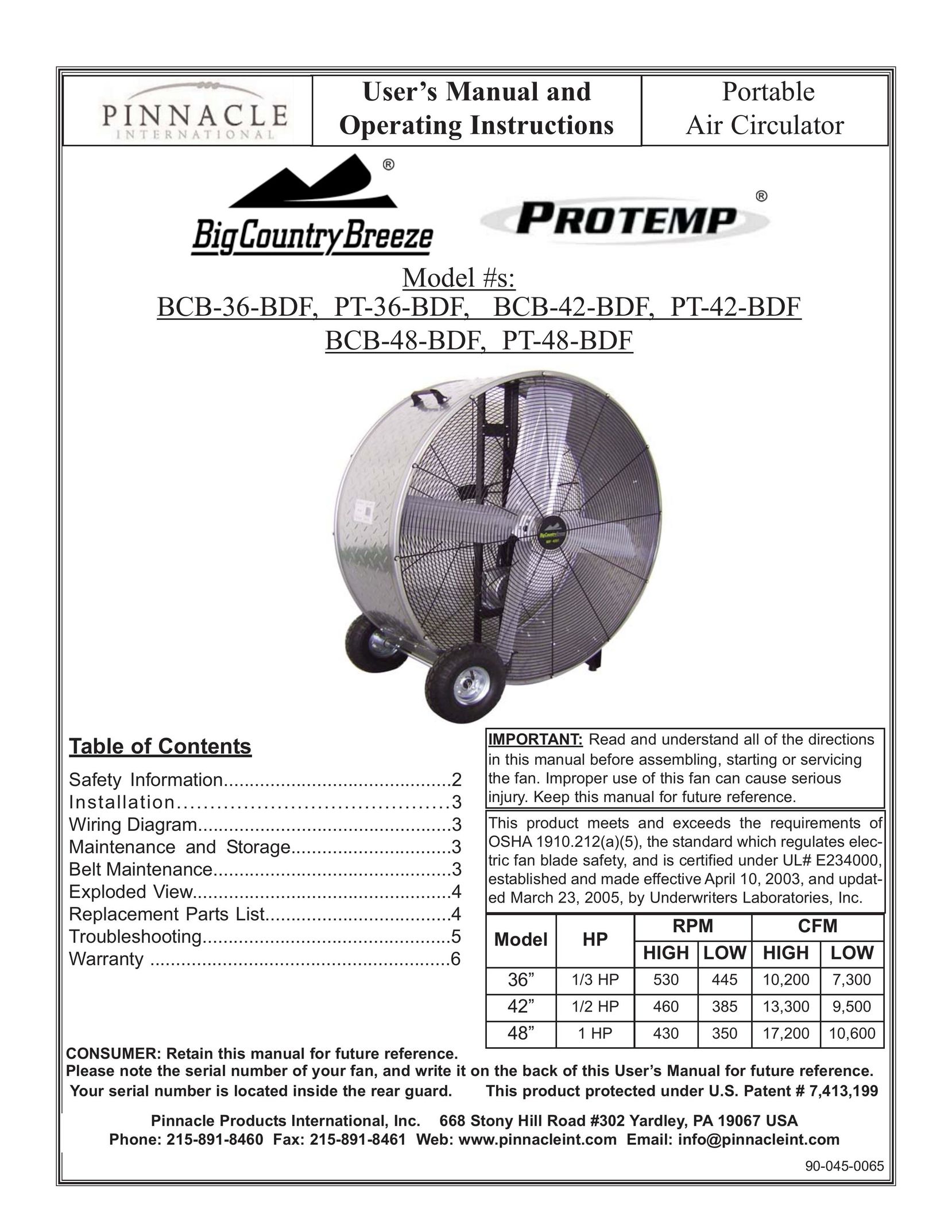Pinnacle Products International BCB-36-BDF Air Cleaner User Manual