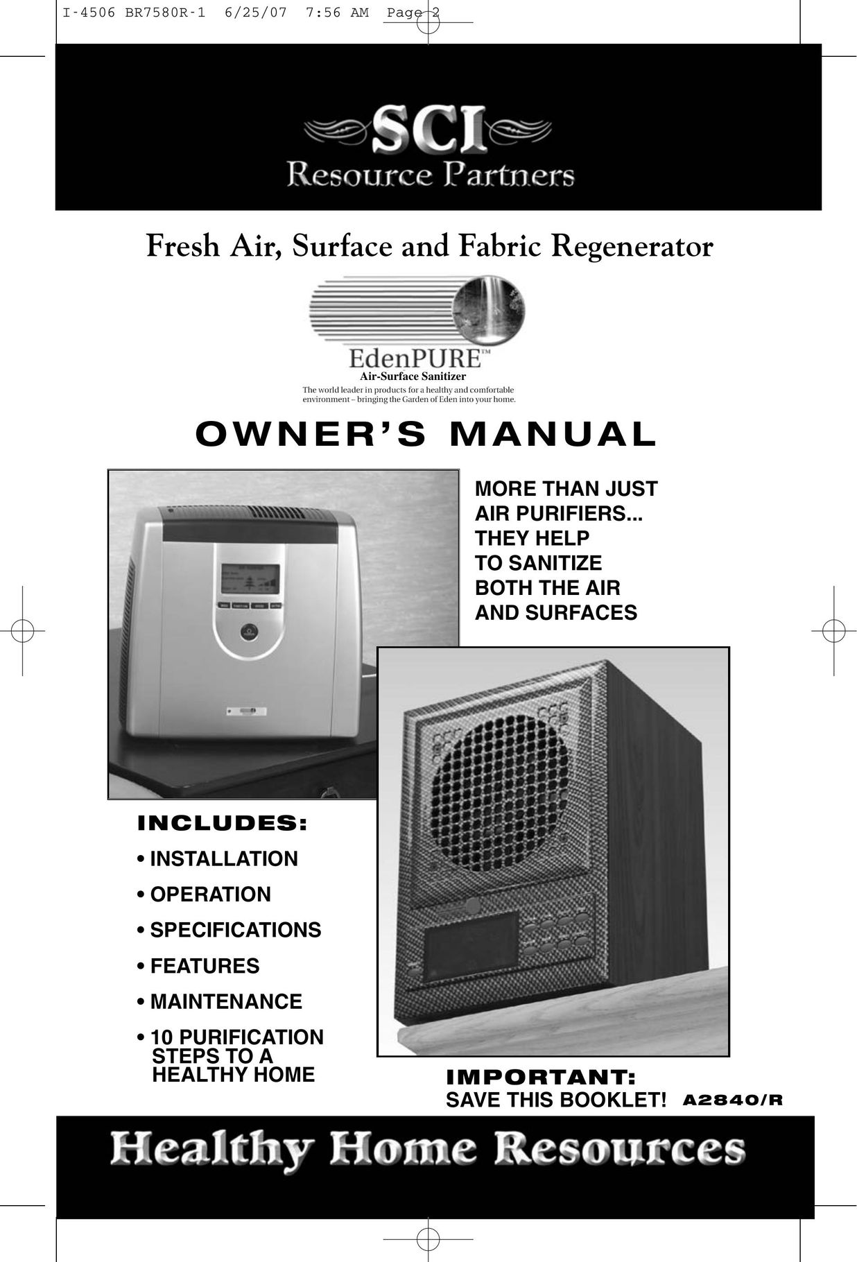 SCI Scandicrafts A2840/R Air Cleaner User Manual