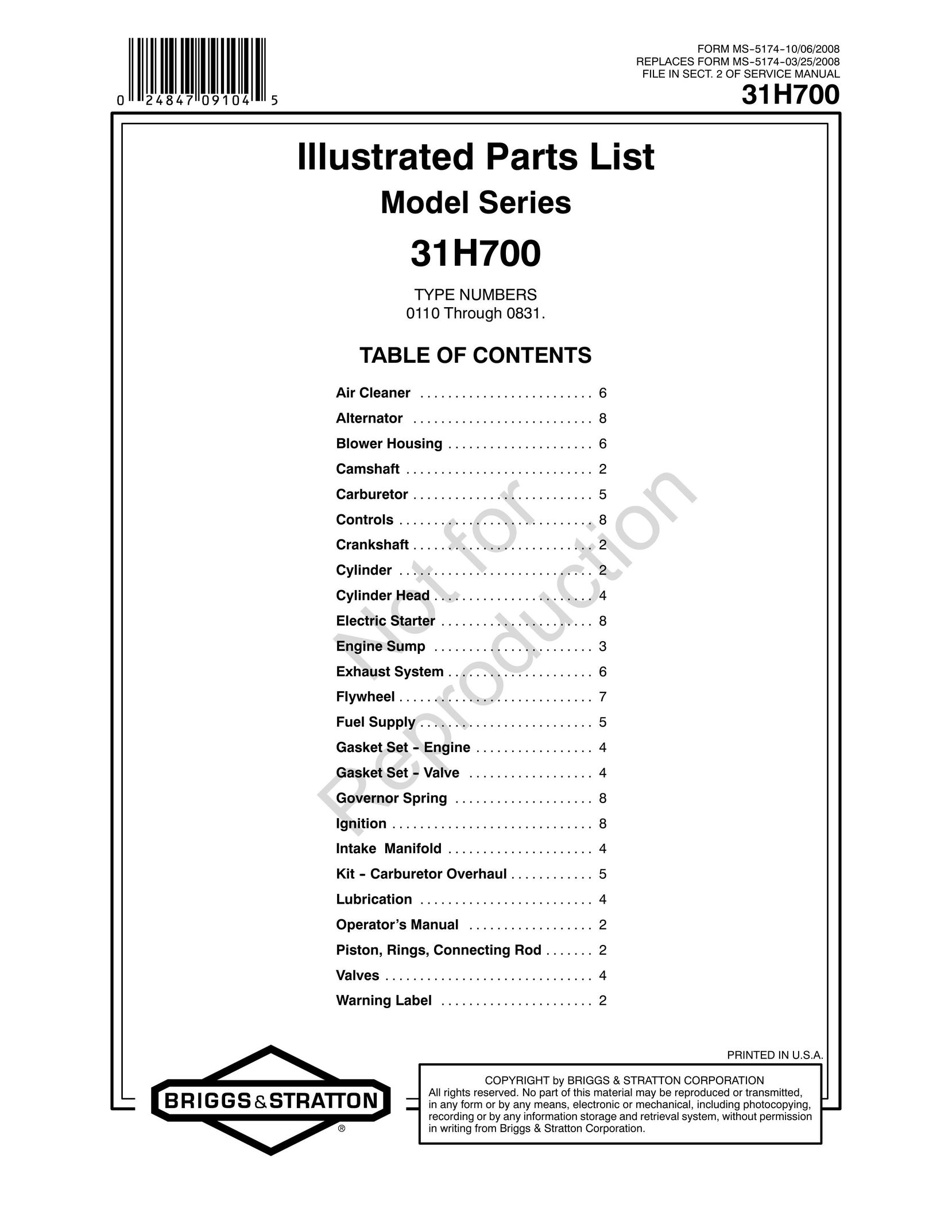 Snapper 31H700 Air Cleaner User Manual