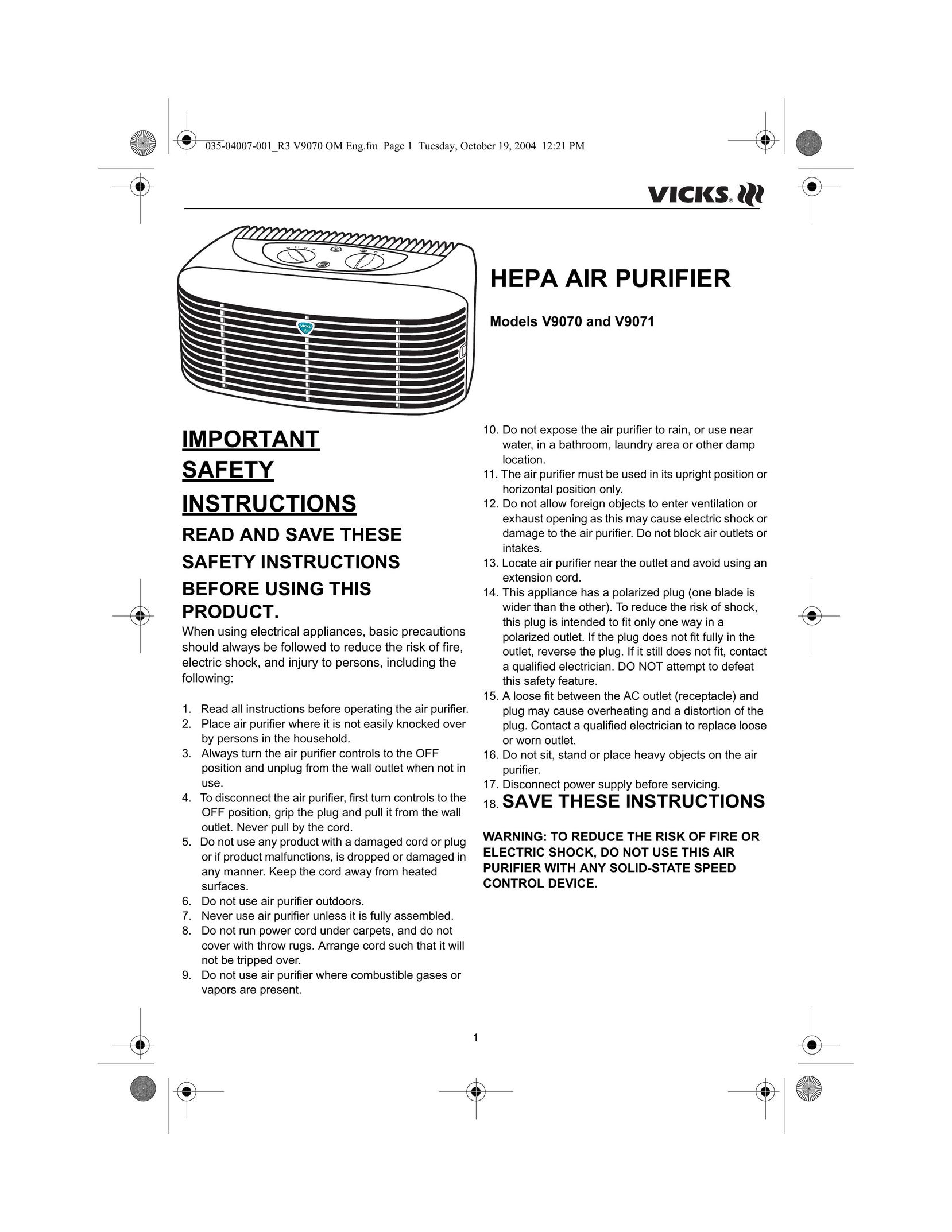 Vicks v9070 Air Cleaner User Manual