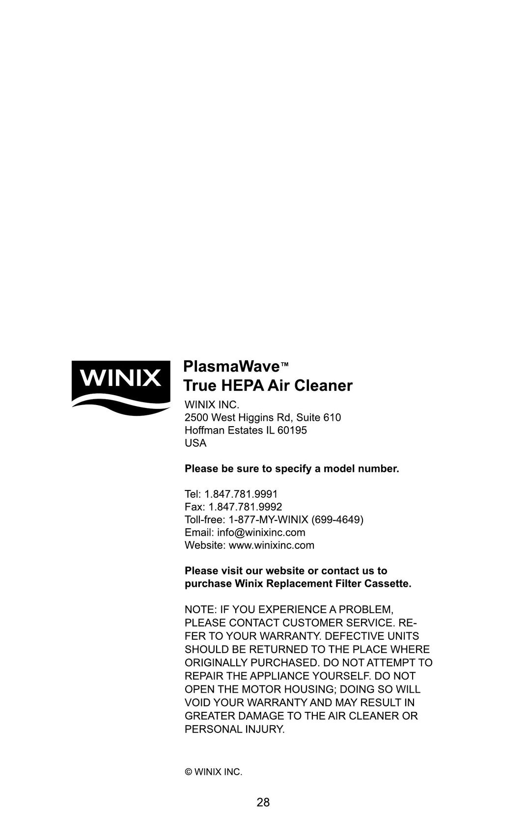 Winix Air Cleaner Air Cleaner User Manual