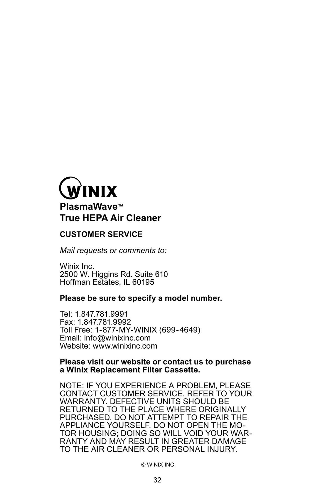 Winix WAC-9000 Air Cleaner User Manual