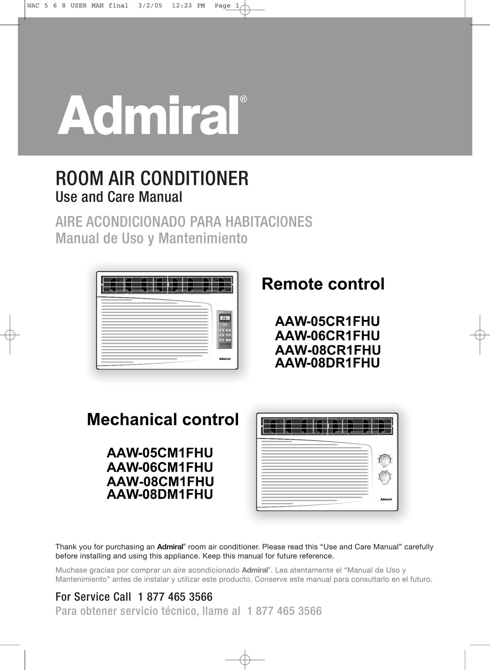Admiral AAW-06CR1FHU Air Conditioner User Manual