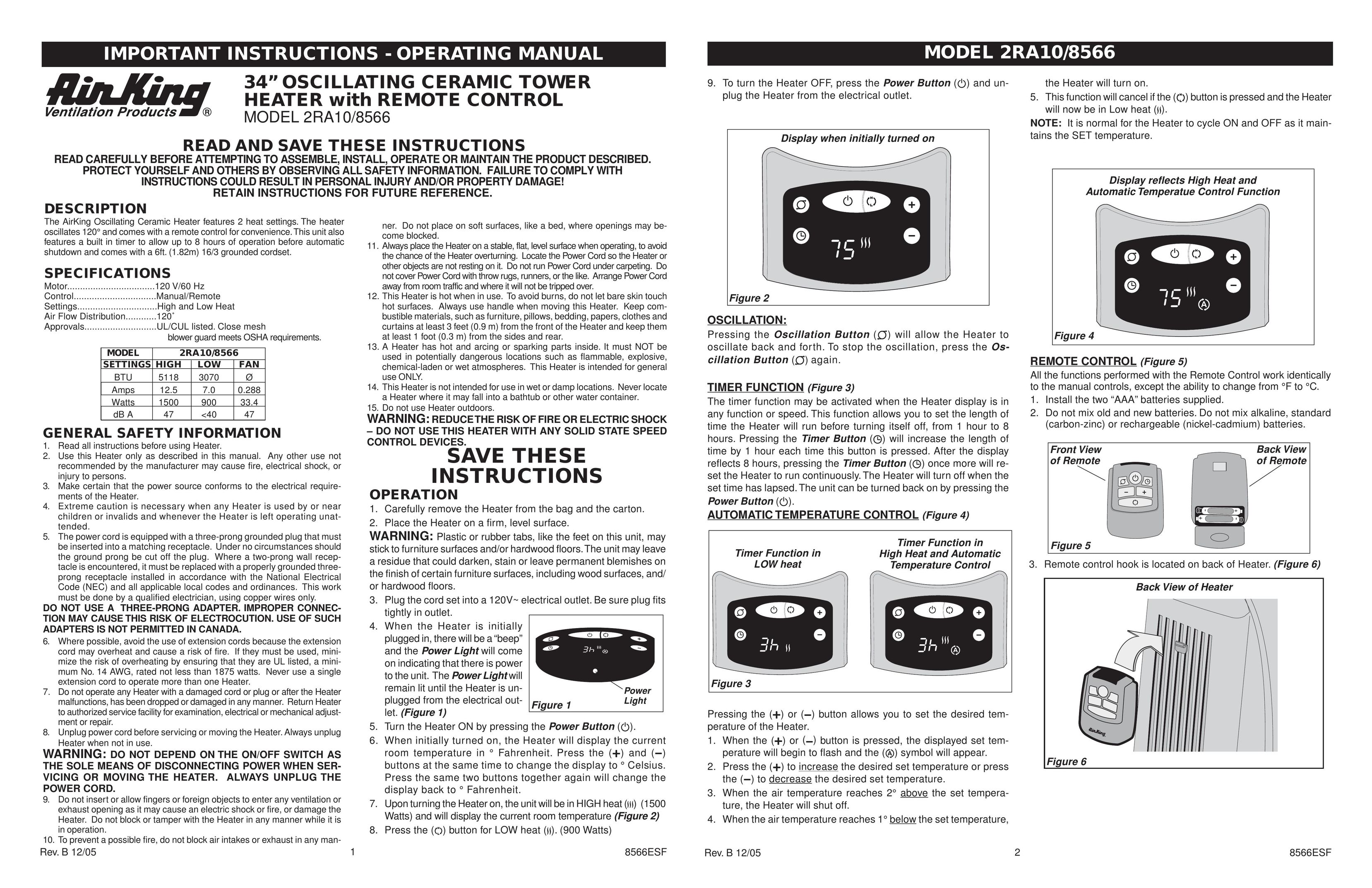 Air King 2RA10/8566 Air Conditioner User Manual