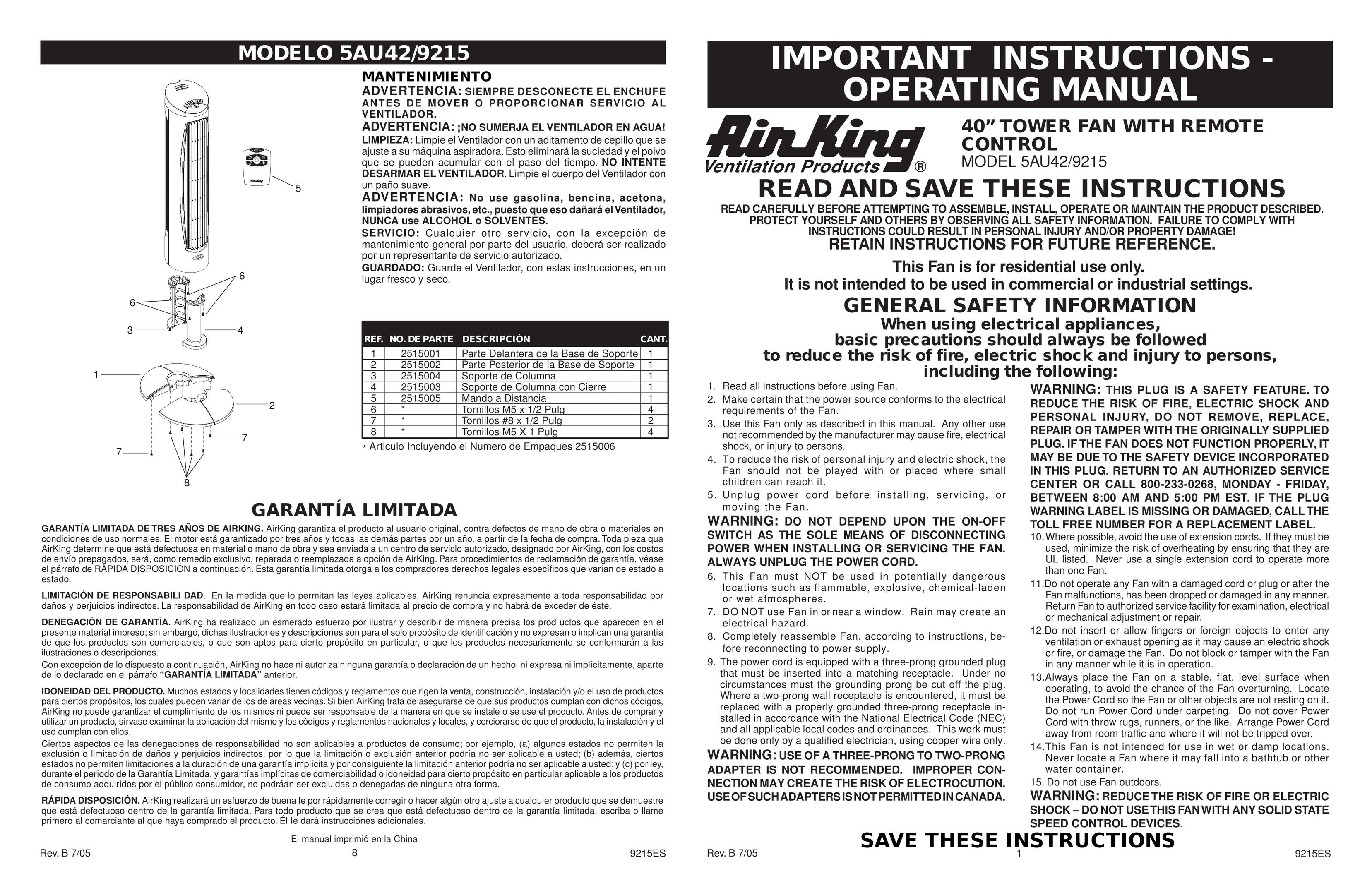 Air King 5AU42/9215 Air Conditioner User Manual