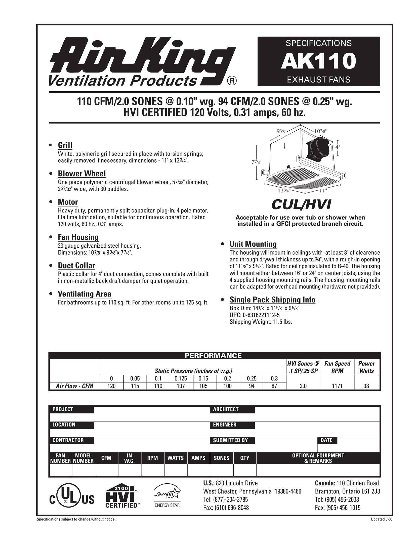 Air King AK110 Air Conditioner User Manual