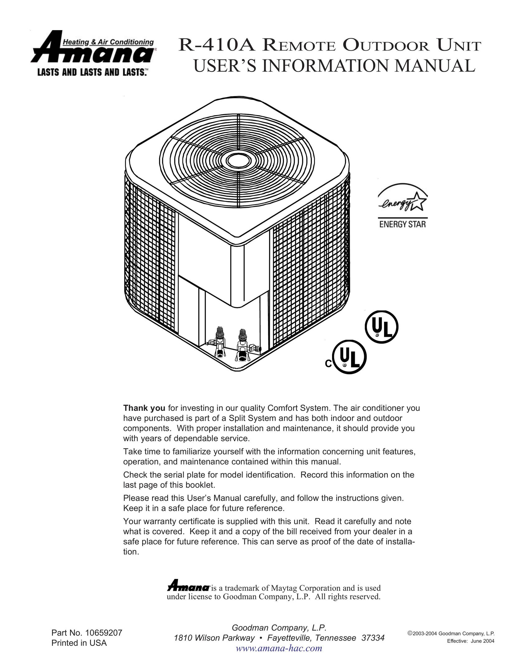 Amana R-410A Air Conditioner User Manual