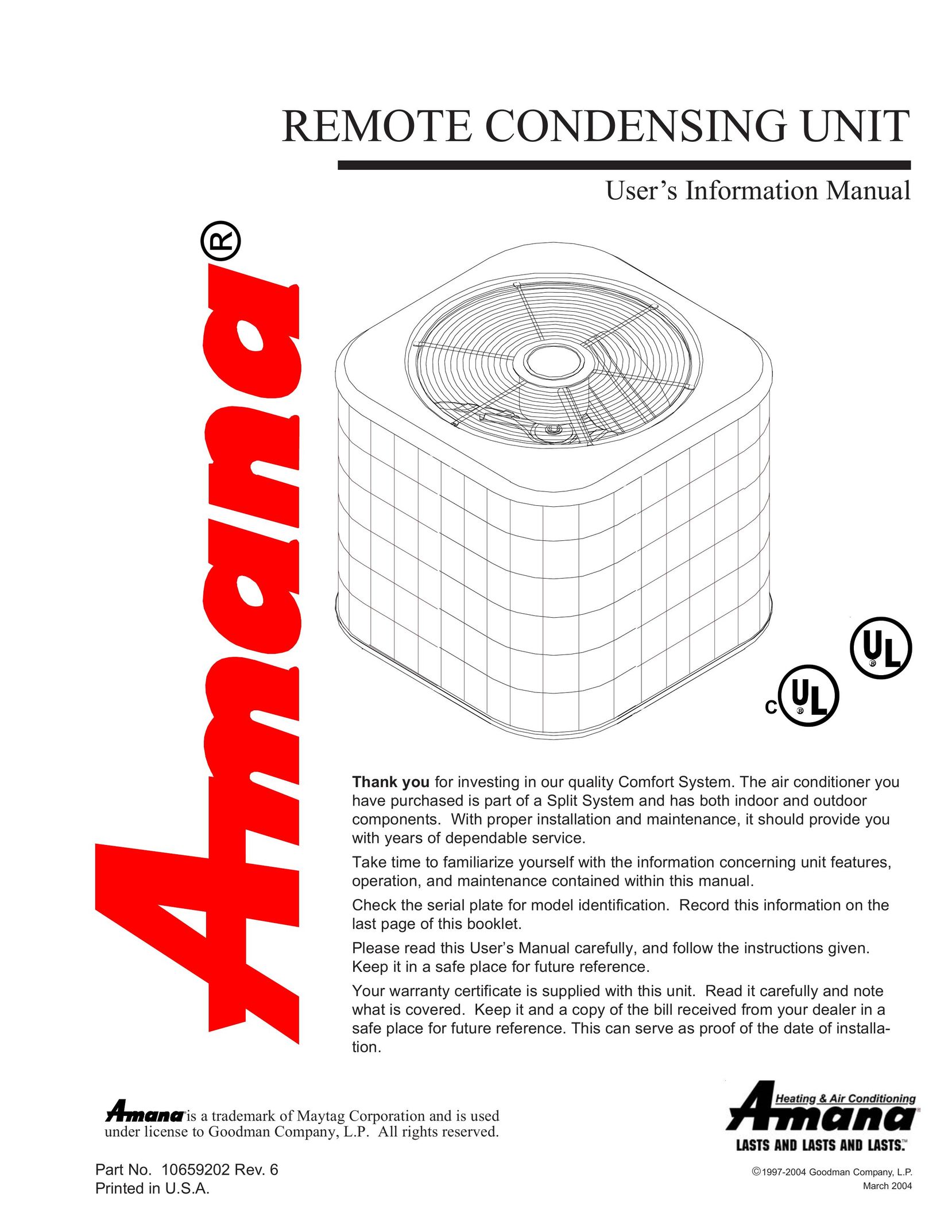 Amana REMOTE CONDENSING UNIT Air Conditioner User Manual