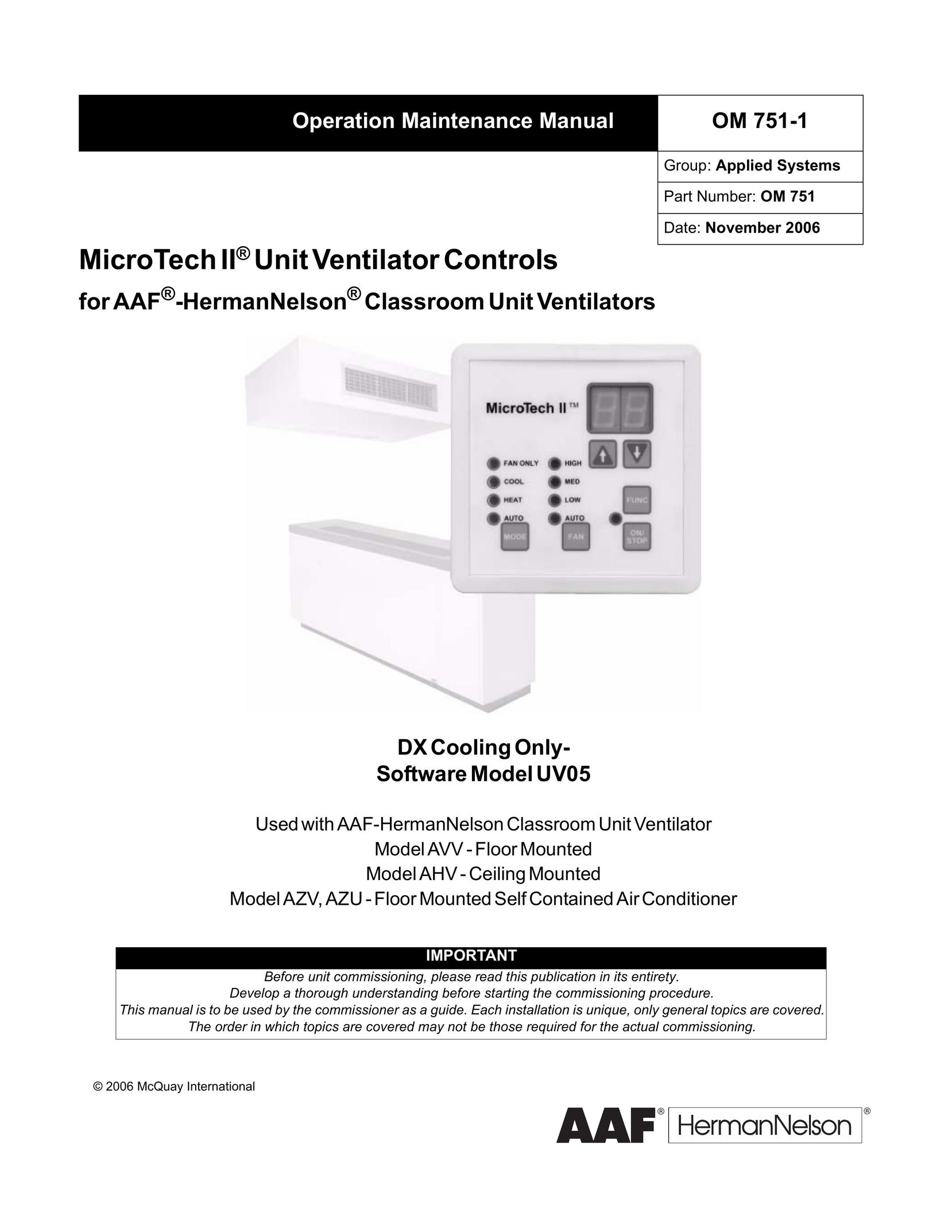 American Standard UV05 Air Conditioner User Manual