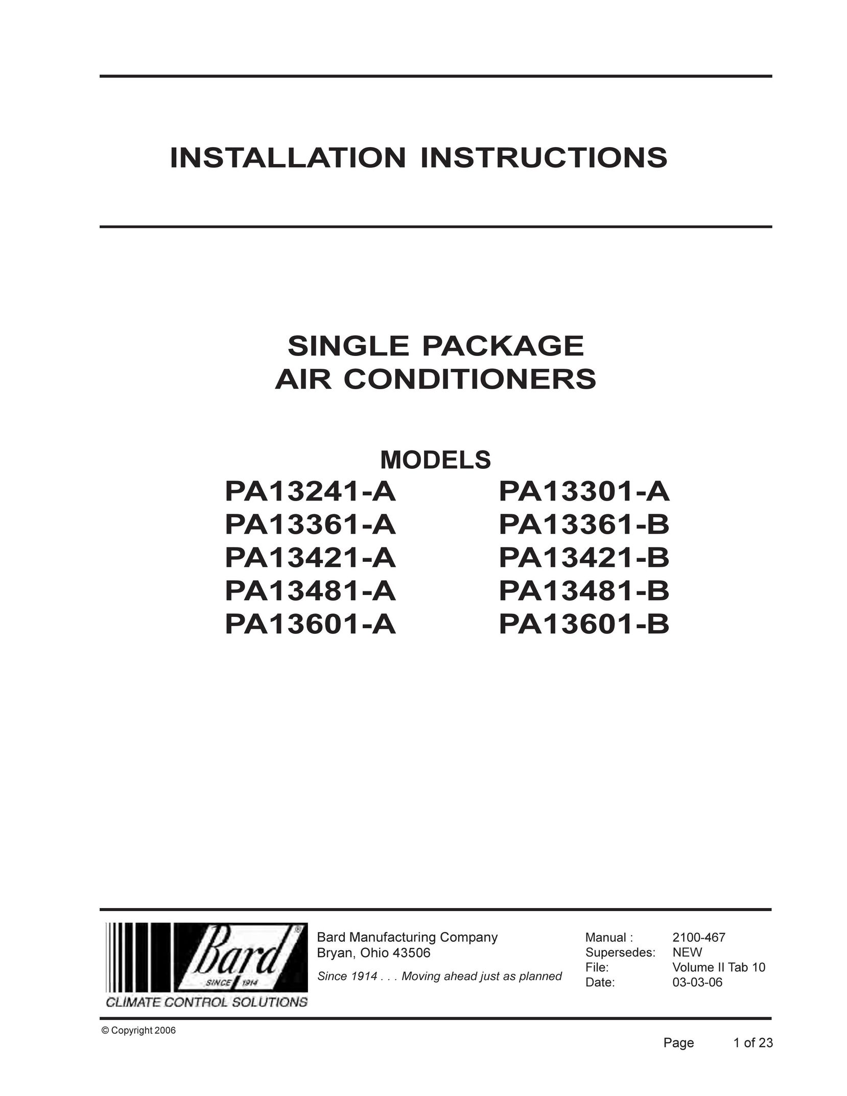 Bard PA13241-A Air Conditioner User Manual