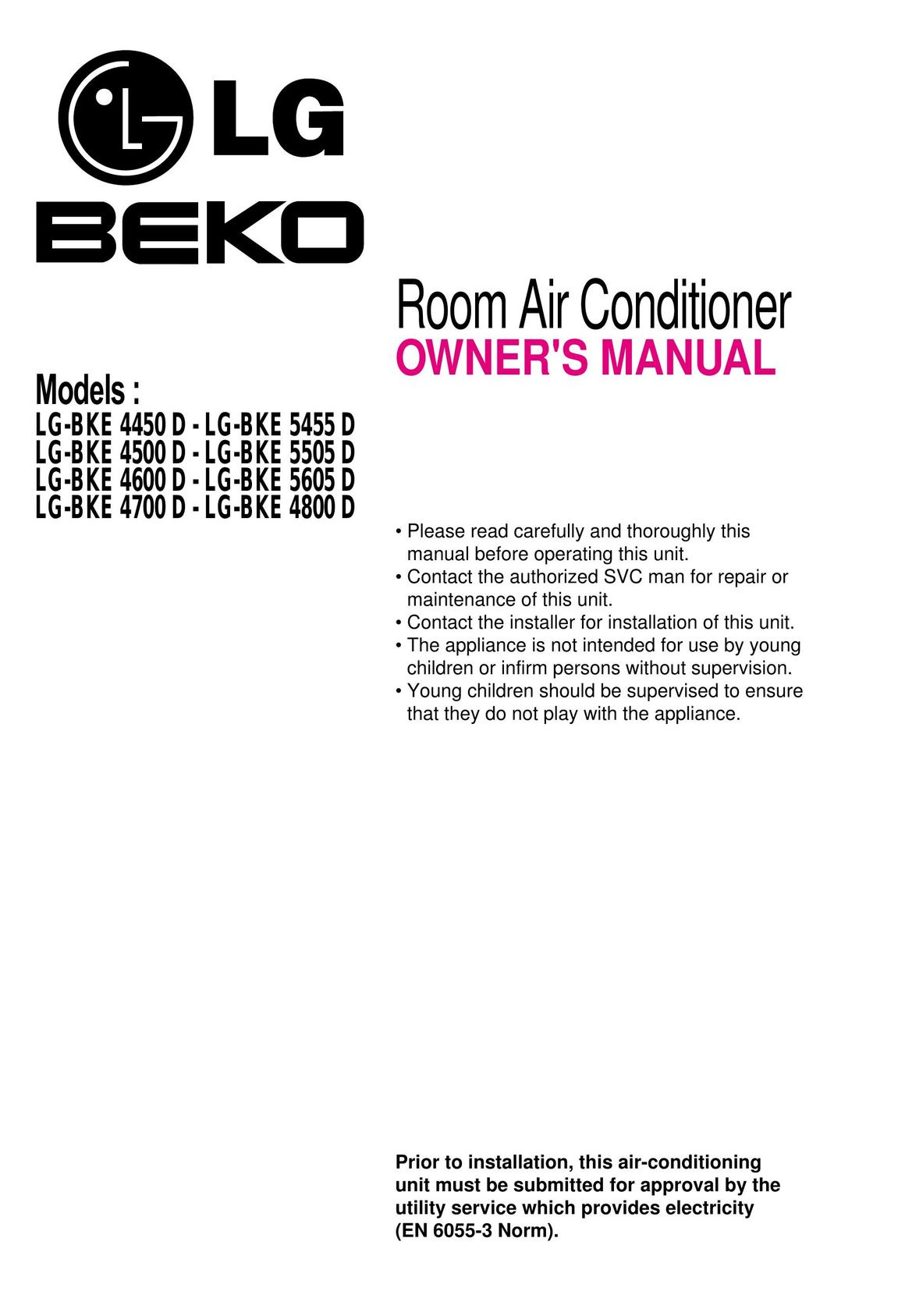 Beko LG-BKE 4450 D, LG-BKE 5455 D, LG-BKE 4500 D, LG-BKE 5505 D, LG-BKE 4600 D, LG-BKE 5605 D, LG-BKE 4700 D, LG-BKE 4800 D Air Conditioner User Manual