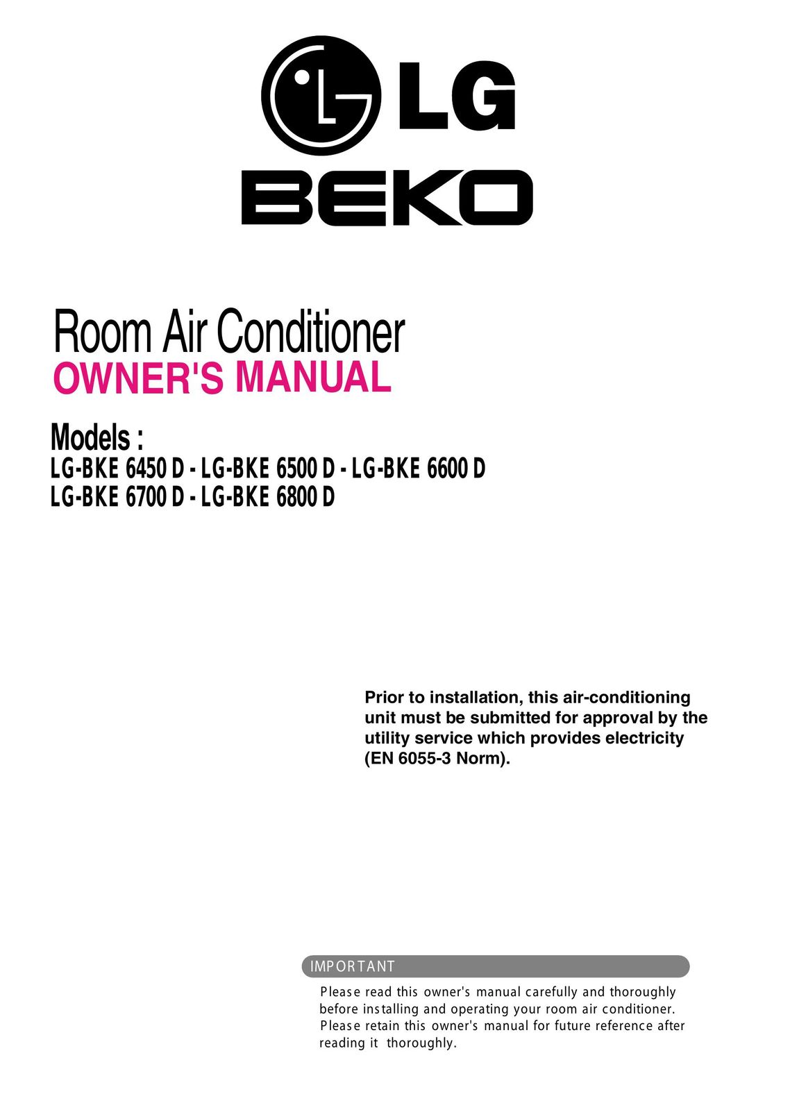 Beko LG-BKE 6450 D, LG-BKE 6500 D, LG-BKE 6600 D, LG-BKE 6700 D, LG-BKE 6800 D Air Conditioner User Manual