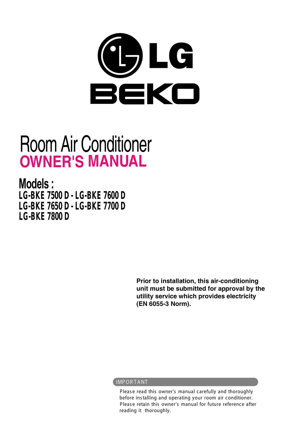 Beko LG-BKE 7500 D, LG-BKE 7600 D, LG-BKE7650 D, LG-BKE 7700 D, LG-BKE 7800 D Air Conditioner User Manual