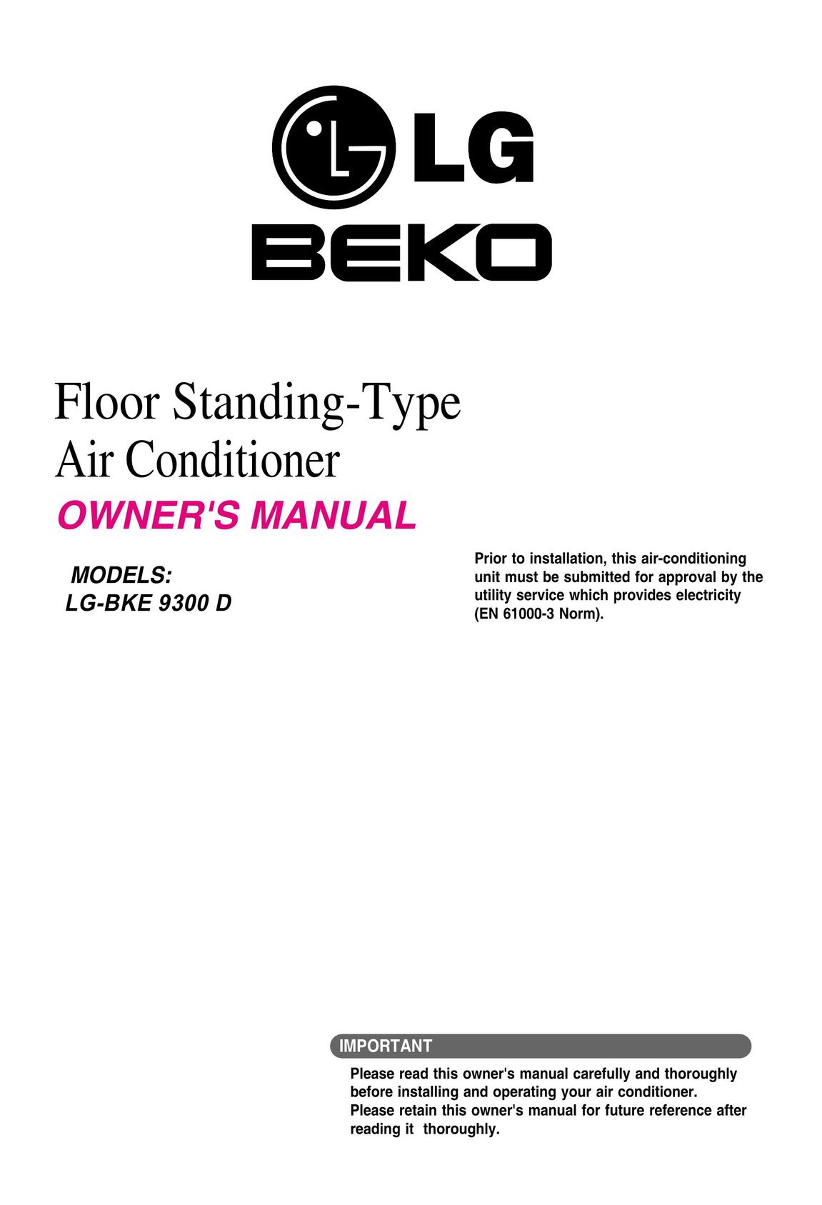 Beko LG-BKE 9300 D Air Conditioner User Manual