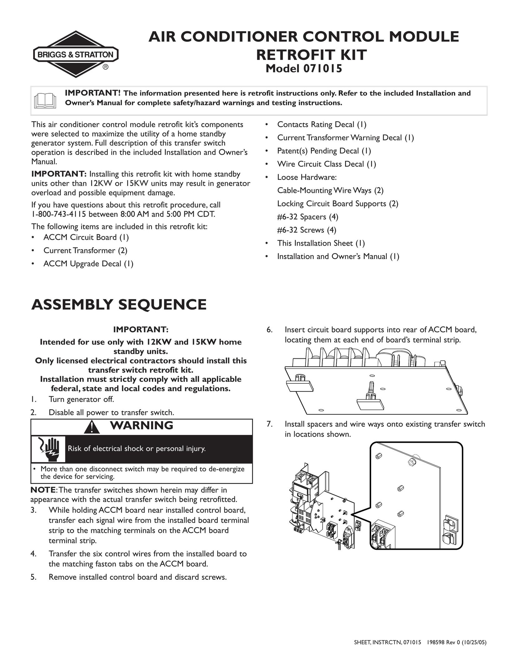 Briggs & Stratton 071015 Air Conditioner User Manual