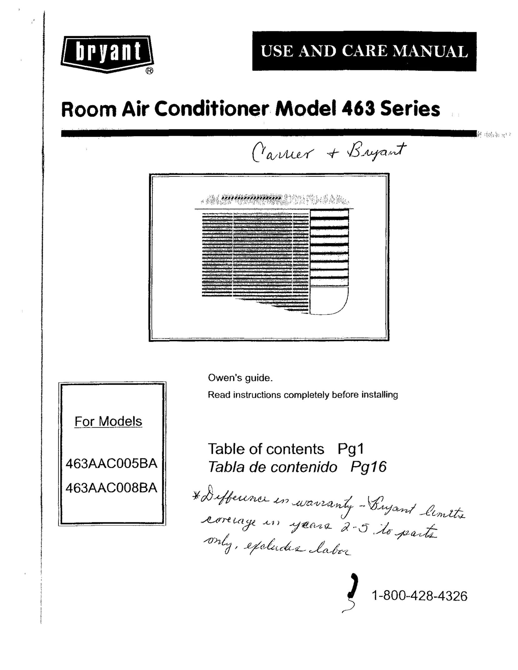 Bryant 463AAC008BA Air Conditioner User Manual