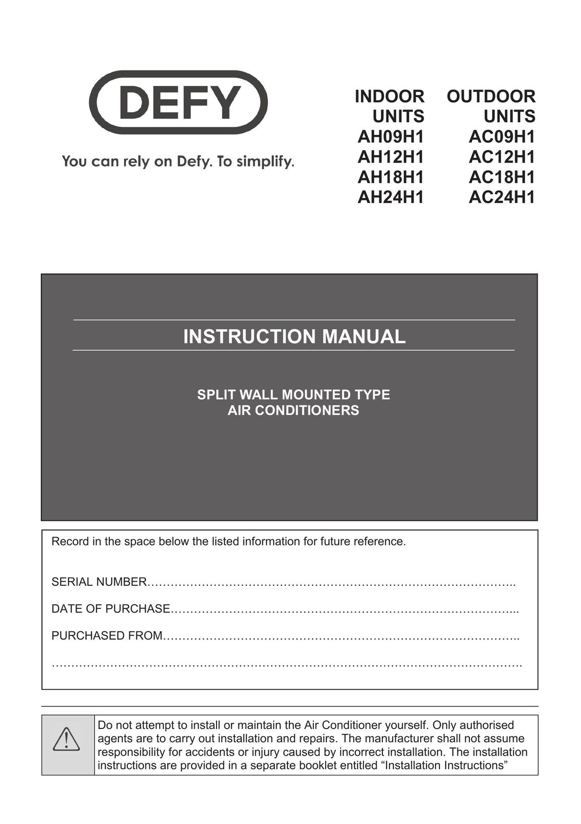 Defy Appliances AC09H1 Air Conditioner User Manual