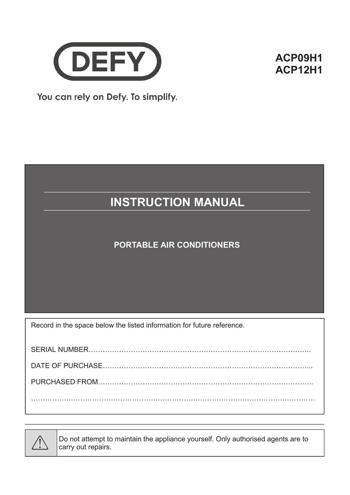 Defy Appliances ACP09H1 Air Conditioner User Manual