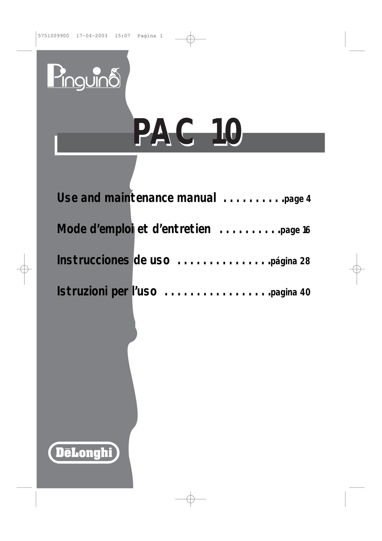DeLonghi Pac 1000 Air Conditioner User Manual