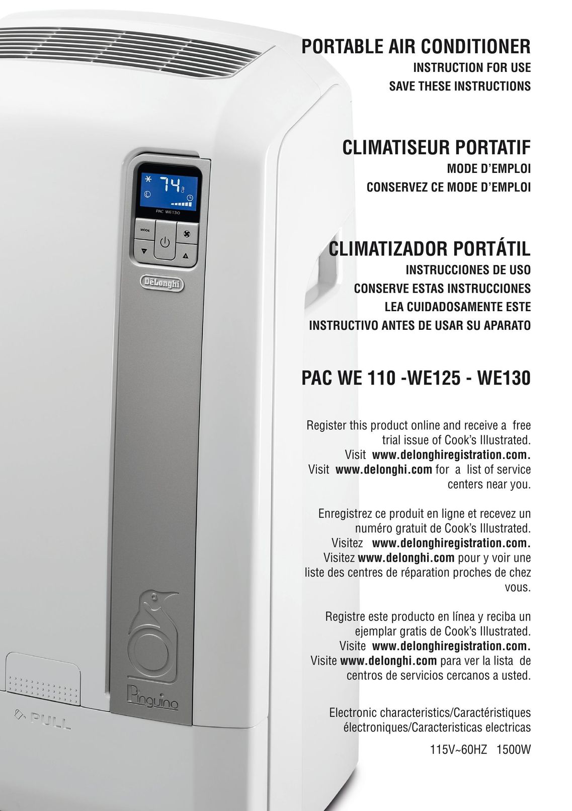 DeLonghi PAC WE 110 Air Conditioner User Manual