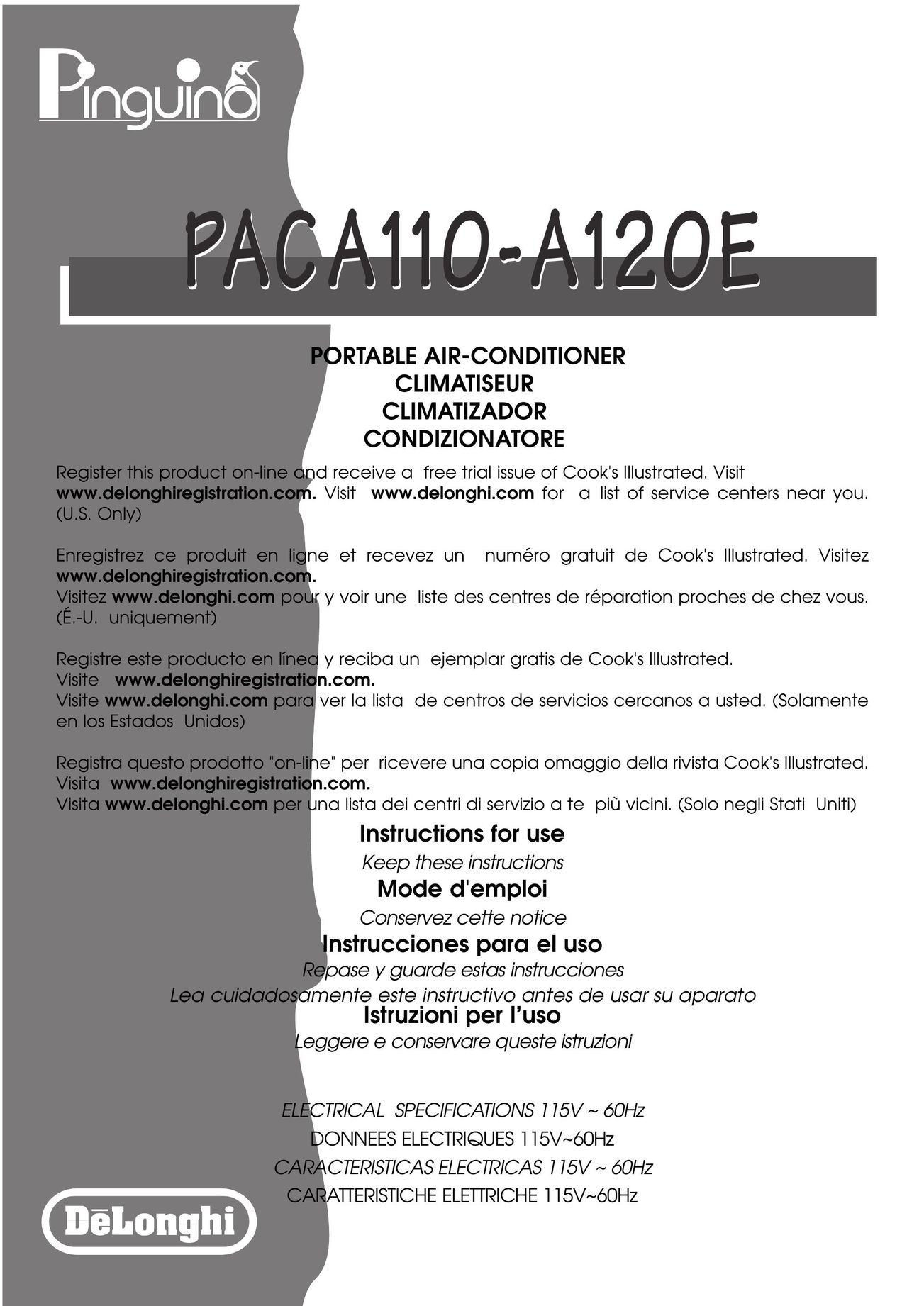 DeLonghi PACA110-A120E Air Conditioner User Manual