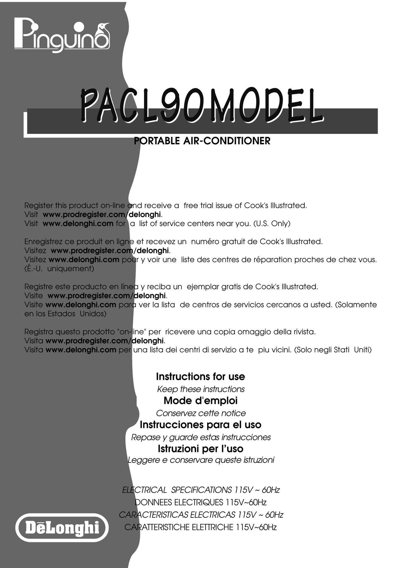 DeLonghi PACL90 Air Conditioner User Manual