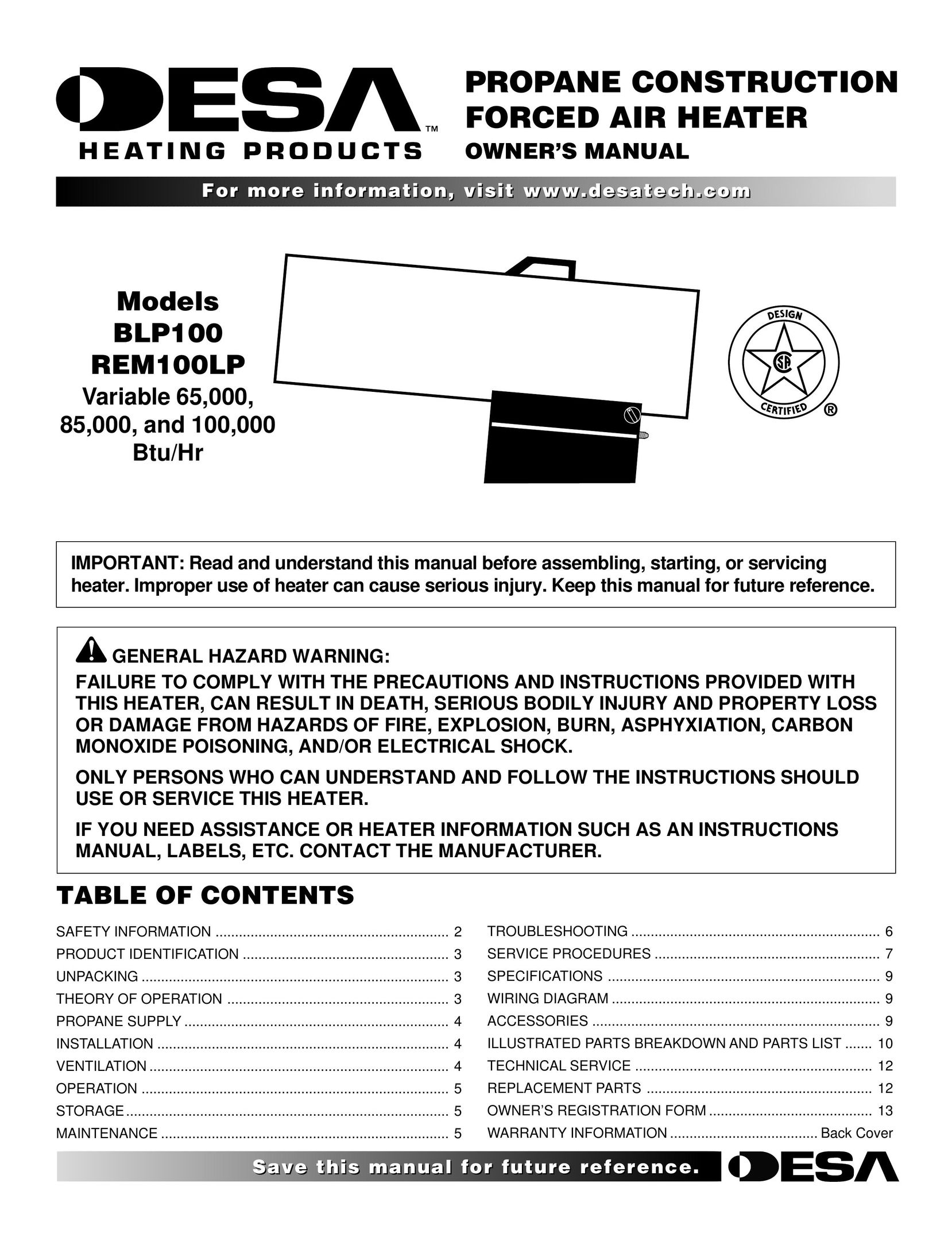 Desa BLP100 Air Conditioner User Manual
