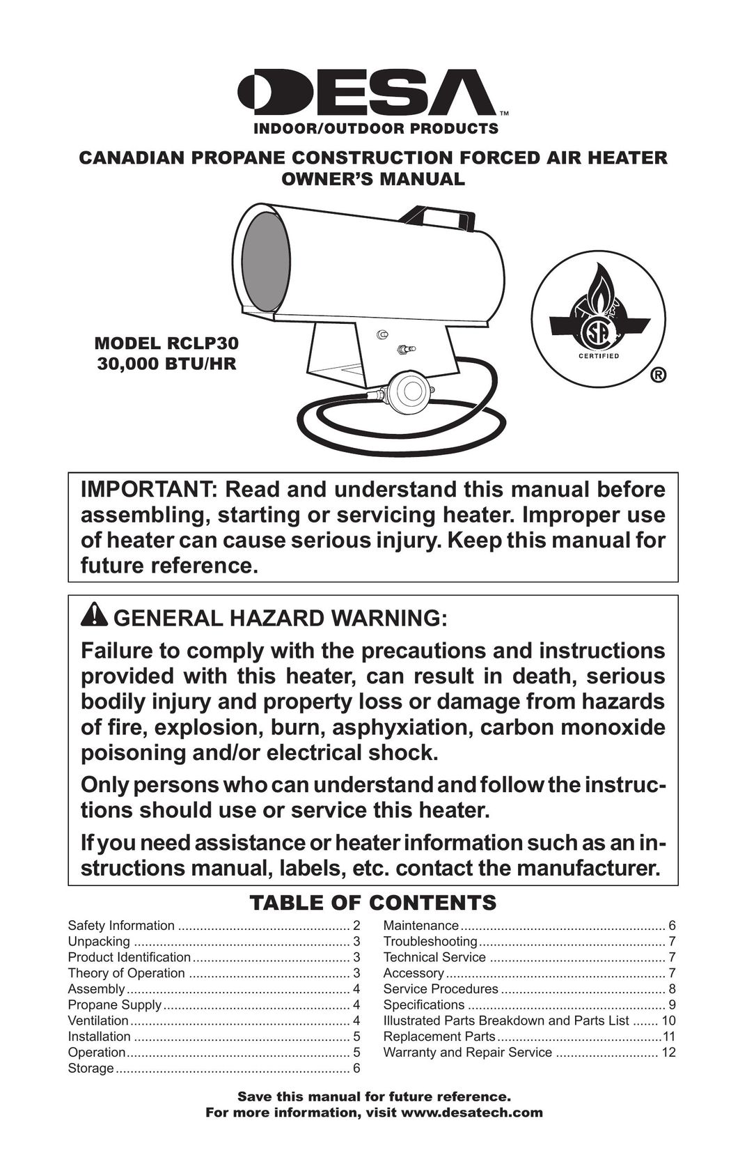 Desa RCLP30 Air Conditioner User Manual