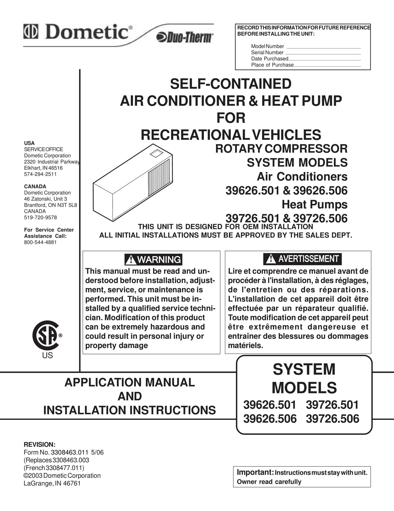 Dometic 39626.506 Air Conditioner User Manual
