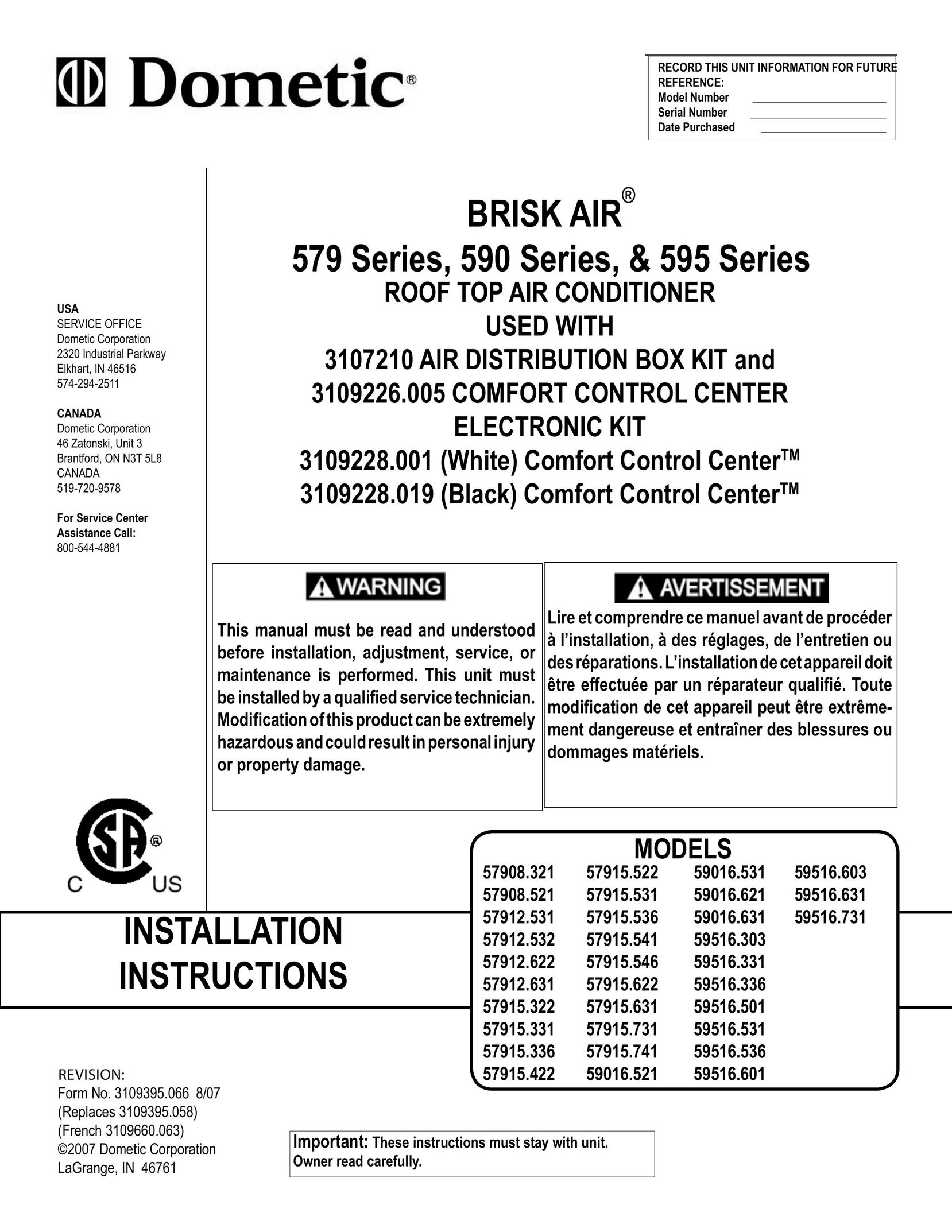 Dometic 595 SERIES Air Conditioner User Manual