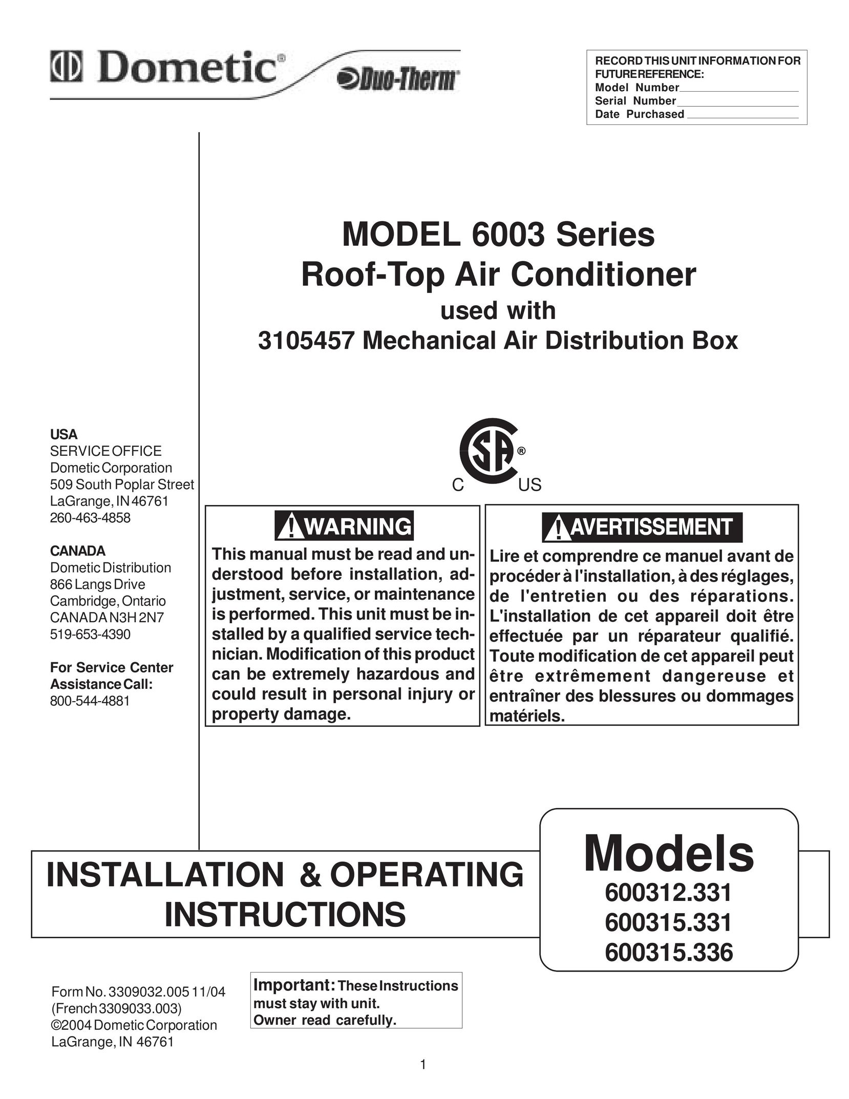 Dometic 600312.331 Air Conditioner User Manual