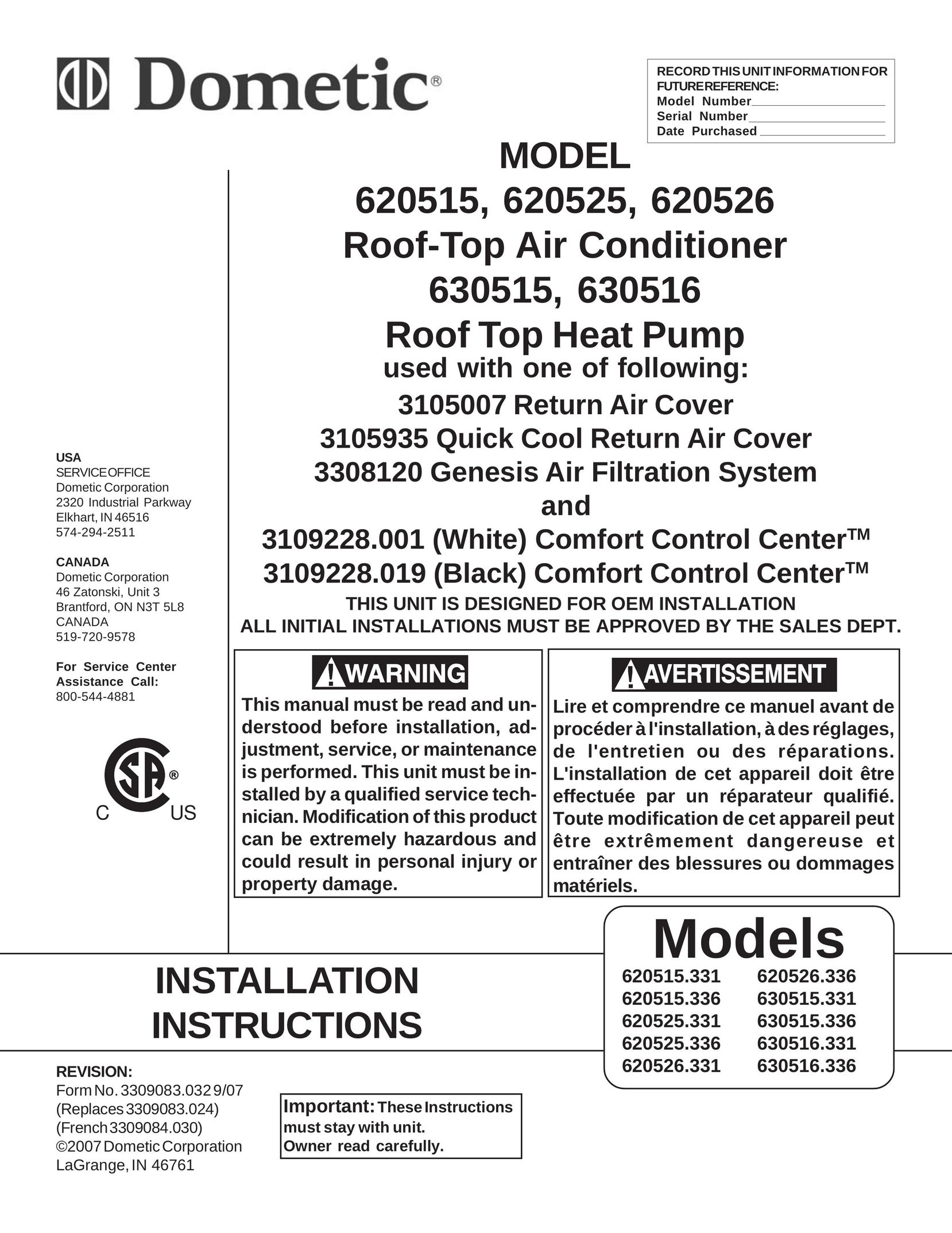 Dometic 620515.331 Air Conditioner User Manual