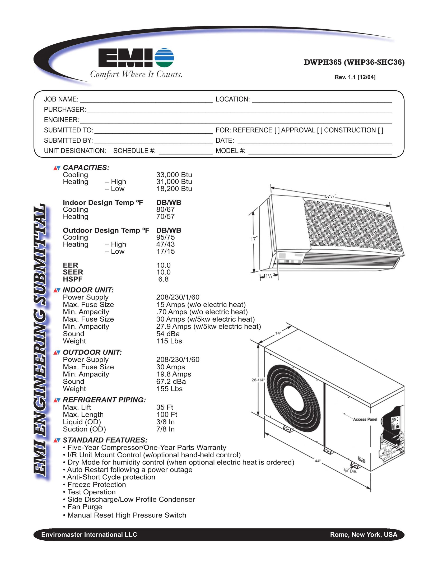 EMI DWPH365 (WHP36-SHC36) Air Conditioner User Manual