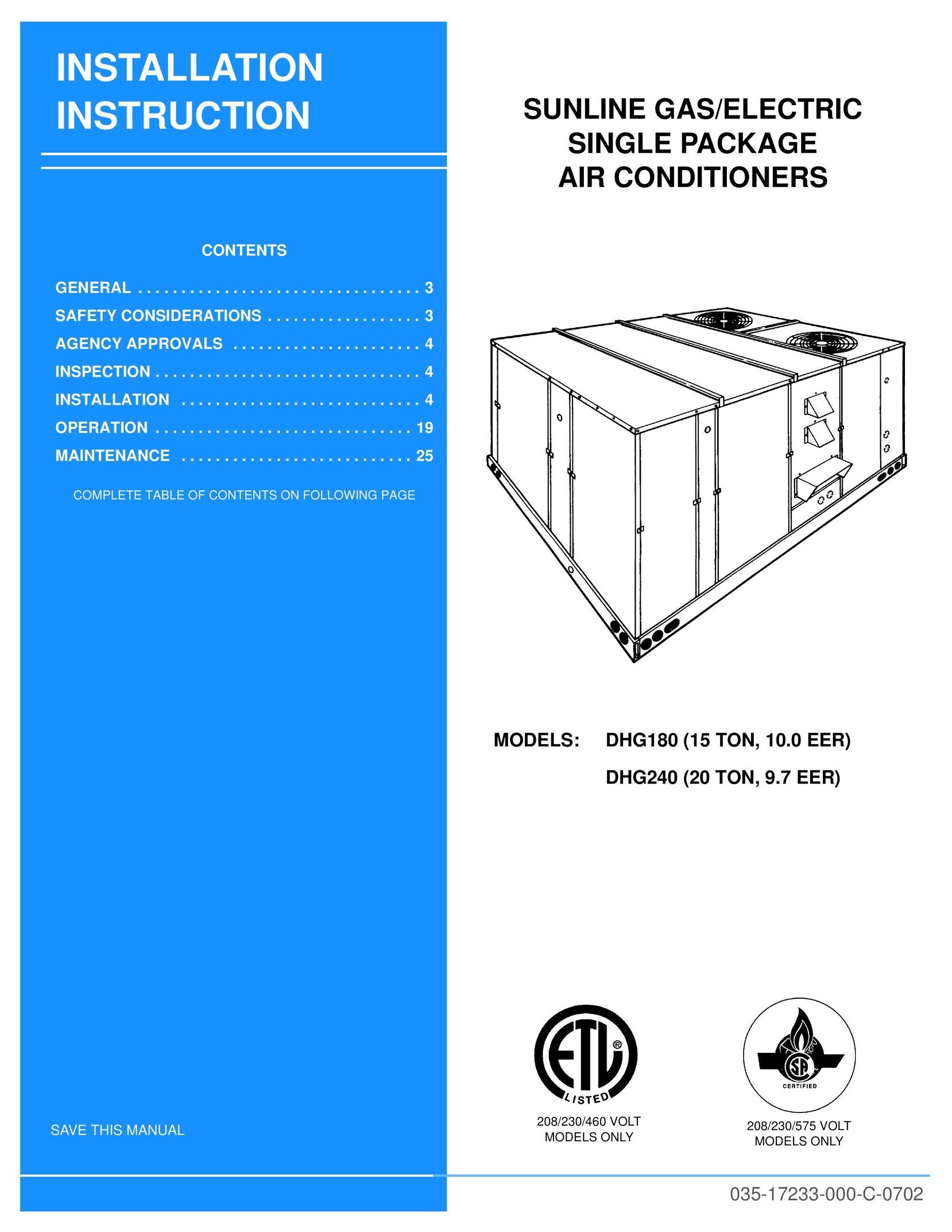 Energy Tech Laboratories DHG180 Air Conditioner User Manual