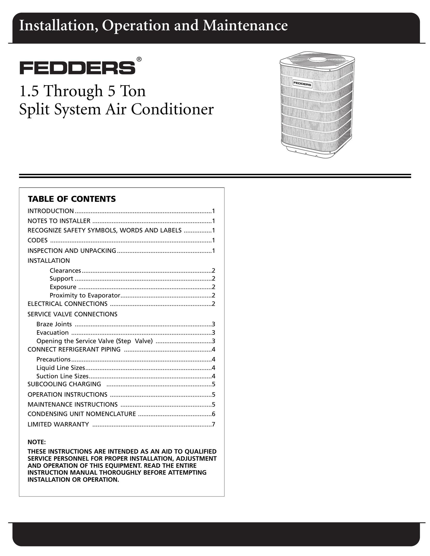 Fedders Split System Air Conditioner Air Conditioner User Manual
