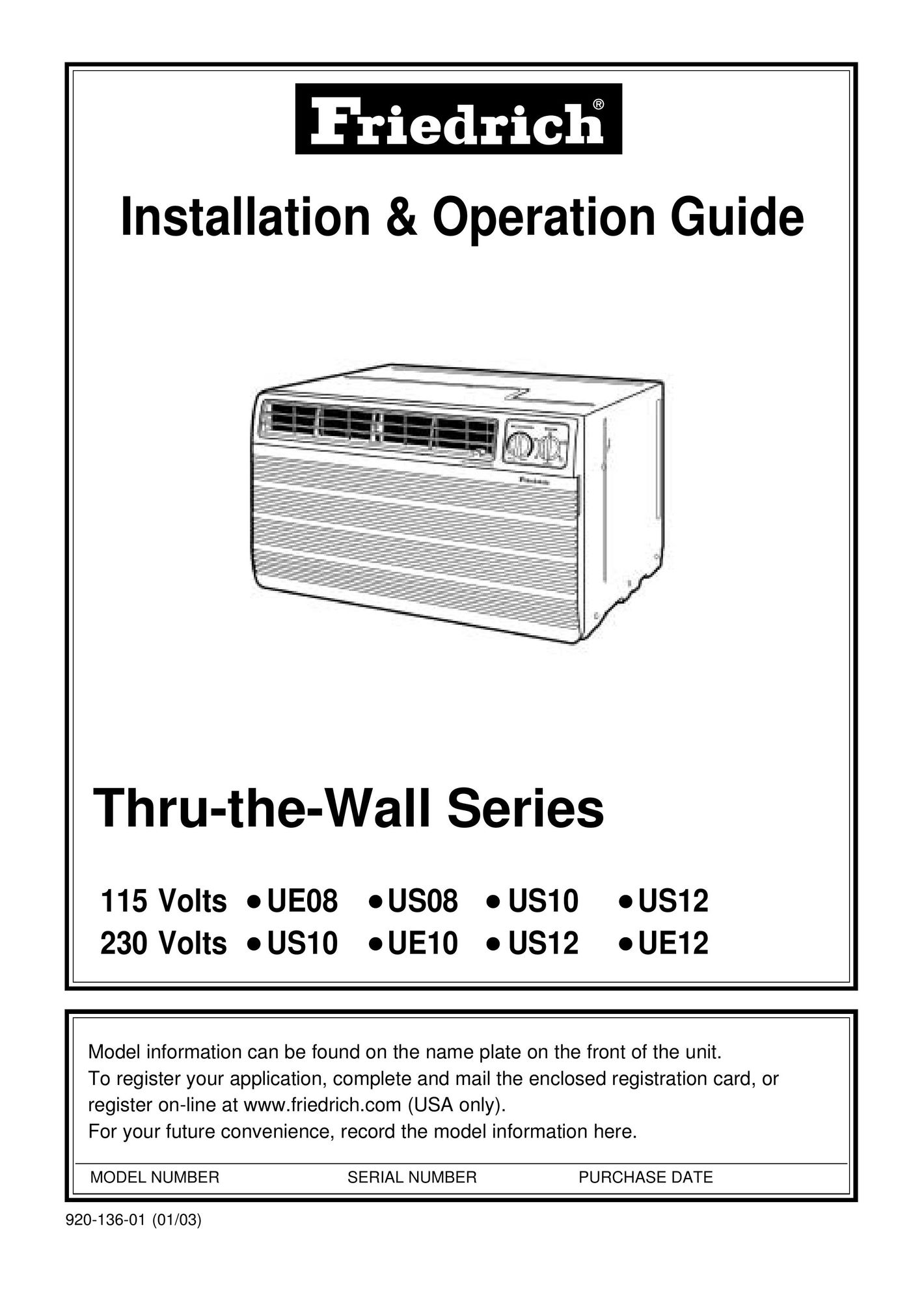 Friedrich 230 VoltsUS12 Air Conditioner User Manual